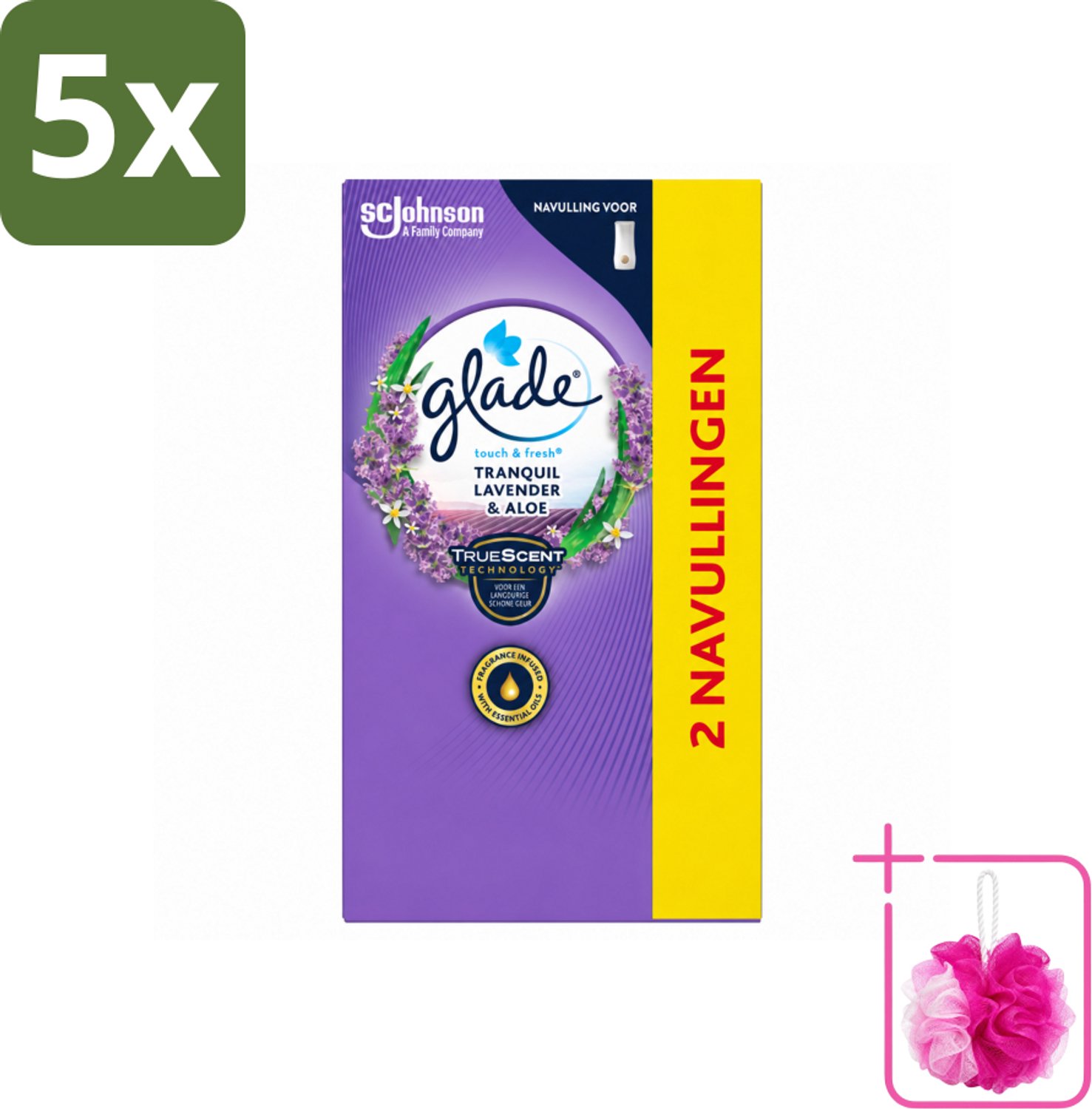 5 x Glade - Touch & Fresh Navulling - Tranquil Lavender & Aloë - 2 × 10 ml - Bulkverpakking - Geur - Douchemop - Ontspanning