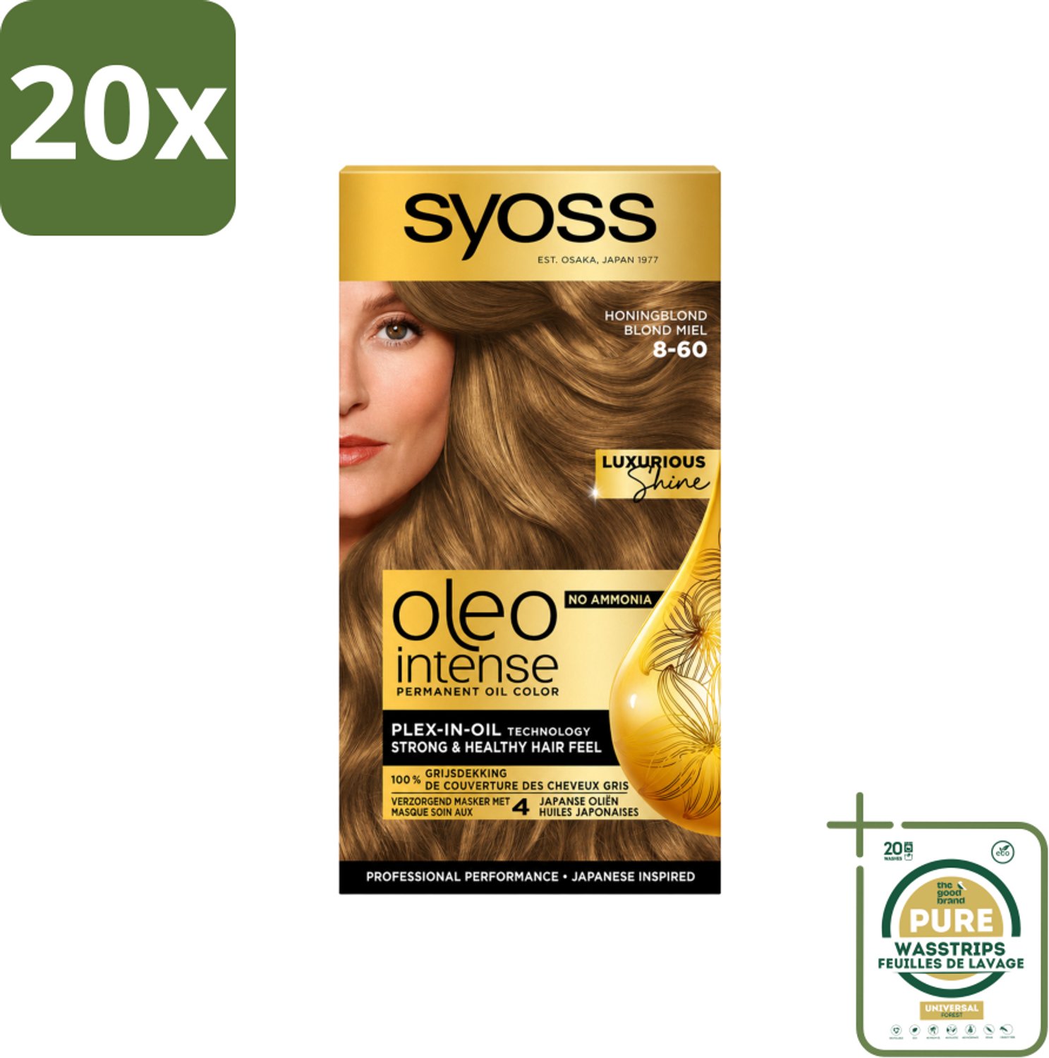 20 x SYOSS - Oleo Intense 8-60 Honing Blond - Haarverf - Zonder Ammoniak - Grijsdekking - Langdurige Kleur - Wasstrips - Haarverf Zonder Ammoniak - Haarkleur Permanent - Grijsdekking - Haarverf 8-60 Honingblond - Haarverf Met Olieformule