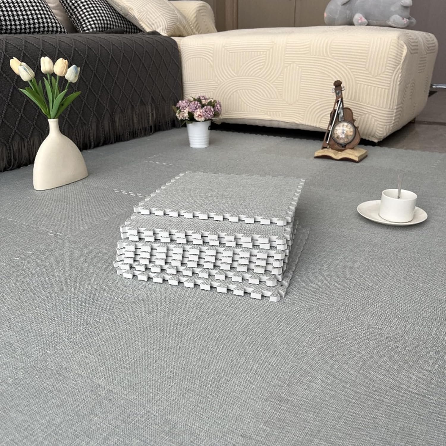 Puzzel Tapijttegels, In Elkaar Grijpende Puzzel Vloermat Tegels, Speelmat Voor Woonkamer, 30X30 Cm (Lichtgrijs 0,23 Inch)