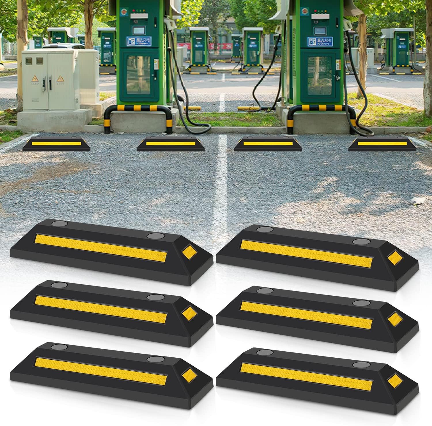 6 stuks wielstoppers, parkeerplaatsblokkering, rubber, parkeerbegrenzer, parkeerplaatsmarkering, startbeveiliging met geel, reflecterende strepen, voor garage en parkeerplaatsen