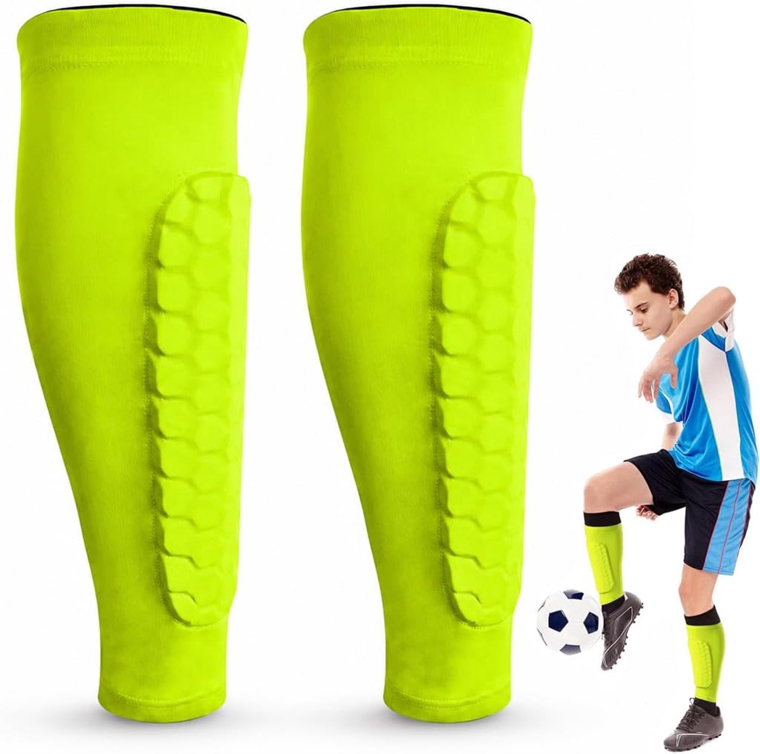 Scheenbeschermers met honingraatstructuur, hoge elasticiteit en ademend, kuitbescherming voor voetbal, hardlopen, fietsen en contactsport, groen, 30 cm L, zeer sterk nylon