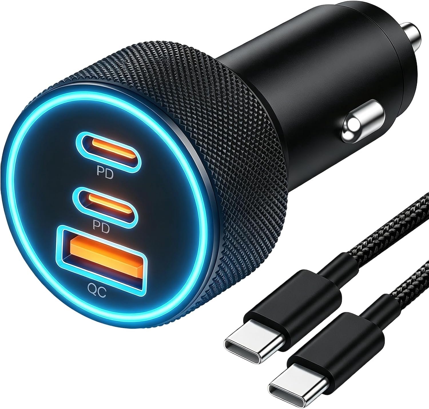 67 W autolader USB-C met gevlochten kabel type C 60 W, oplader voor sigarettenaansteker PD en QC 3.0, sigarettenaansteker adapter met 2 USB-C en 1 USB-A