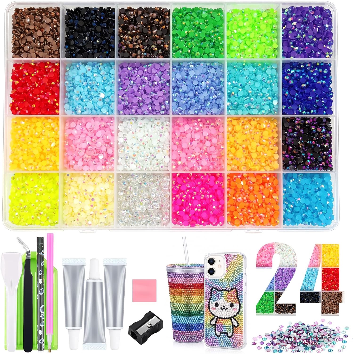 Set glitterstenen, 24 kleuren, 24.000 strass-steentjes van 3 mm