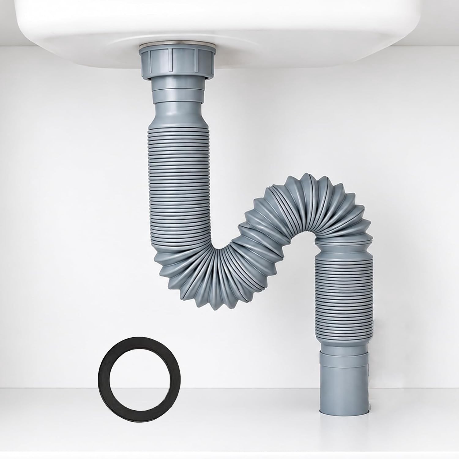 Flexibele afvoerslang 1 1/4 inch, staalversterkt en uitschuifbare sifon voor wastafel, geurafsluitend waterslot en afvoerset voor badkamer en keuken, grijs