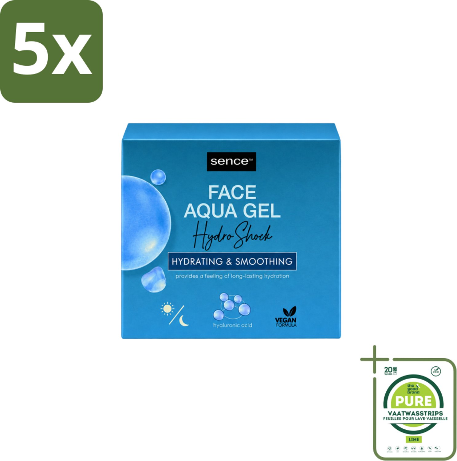 5 x Sence – Dagcrème – Aqua Gel Hydro Shock 2-in-1 – 50 ml - Grootverpakking - Vaatwasstrips - Hyaluronzuur Serum - Hydratatie Serum - Huid Verzorging - Stralende Huid - Fijne Lijntjes Verminderen