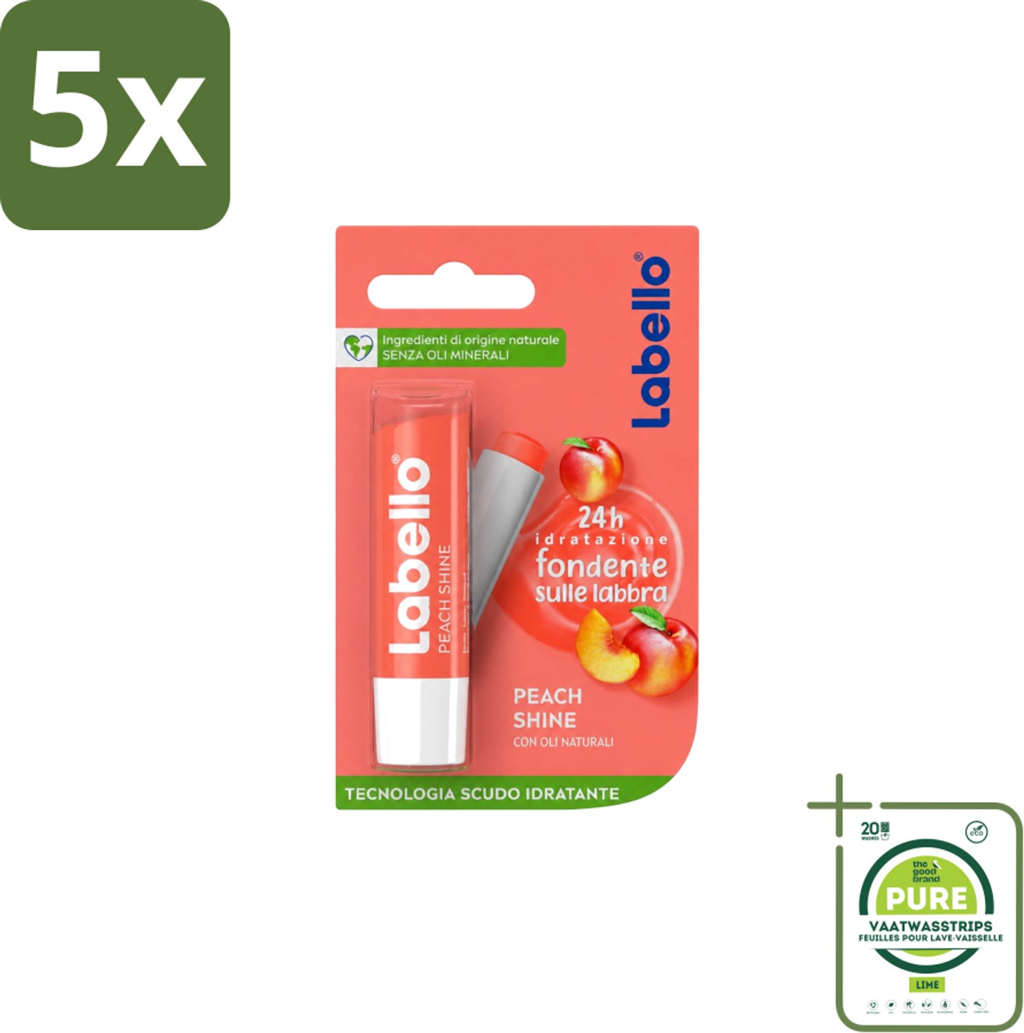 5 x Labello – Lippenbalsem – Fruity Peach Shine – Vegan - Grootverpakking - Vaatwasstrips - Lippenbalsem - Vegan Lippenbalsem - Perzikaroma - Glans Lippen - Natuurlijke Lippenbalsem