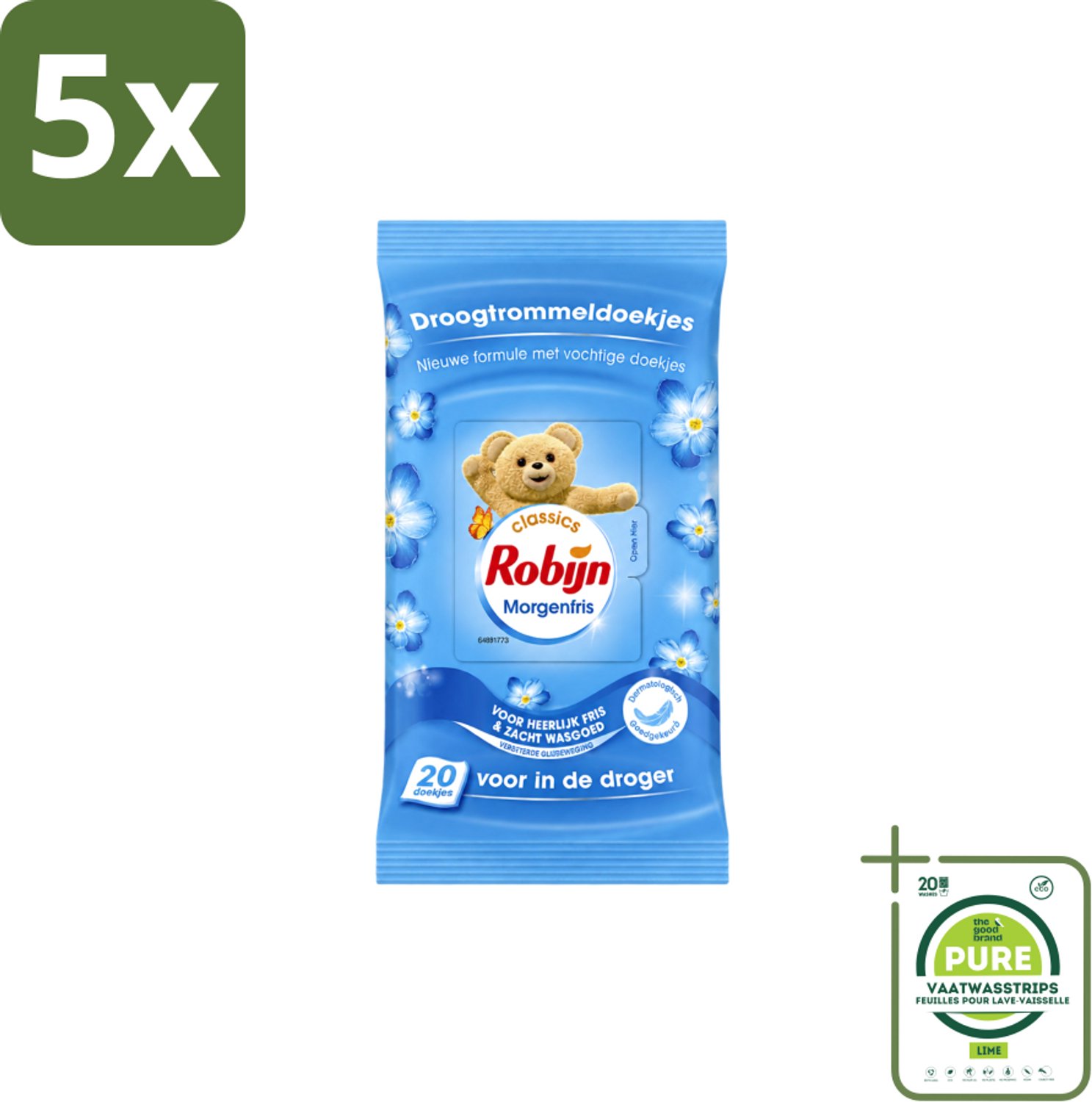 5 x Robijn – Droogtrommeldoekjes – Morgenfris - 20 Doekjes - Grootverpakking - Vaatwasstrips - Droogtrommeldoekjes - Wasgoed Drogen - Frisse Geur - Wasgoed Verzorgen - Kleuren Beschermen