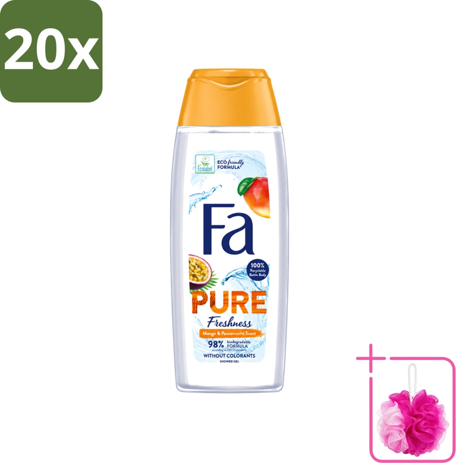 20 x Fa - Douchegel - Pure Freshness Mango & Passievrucht - Verfrissend & Zoet - Hydraterend - 250 ml - Bulkverpakking - Douchegel mango en passievrucht - Douchemop - Verfrissende douchegel