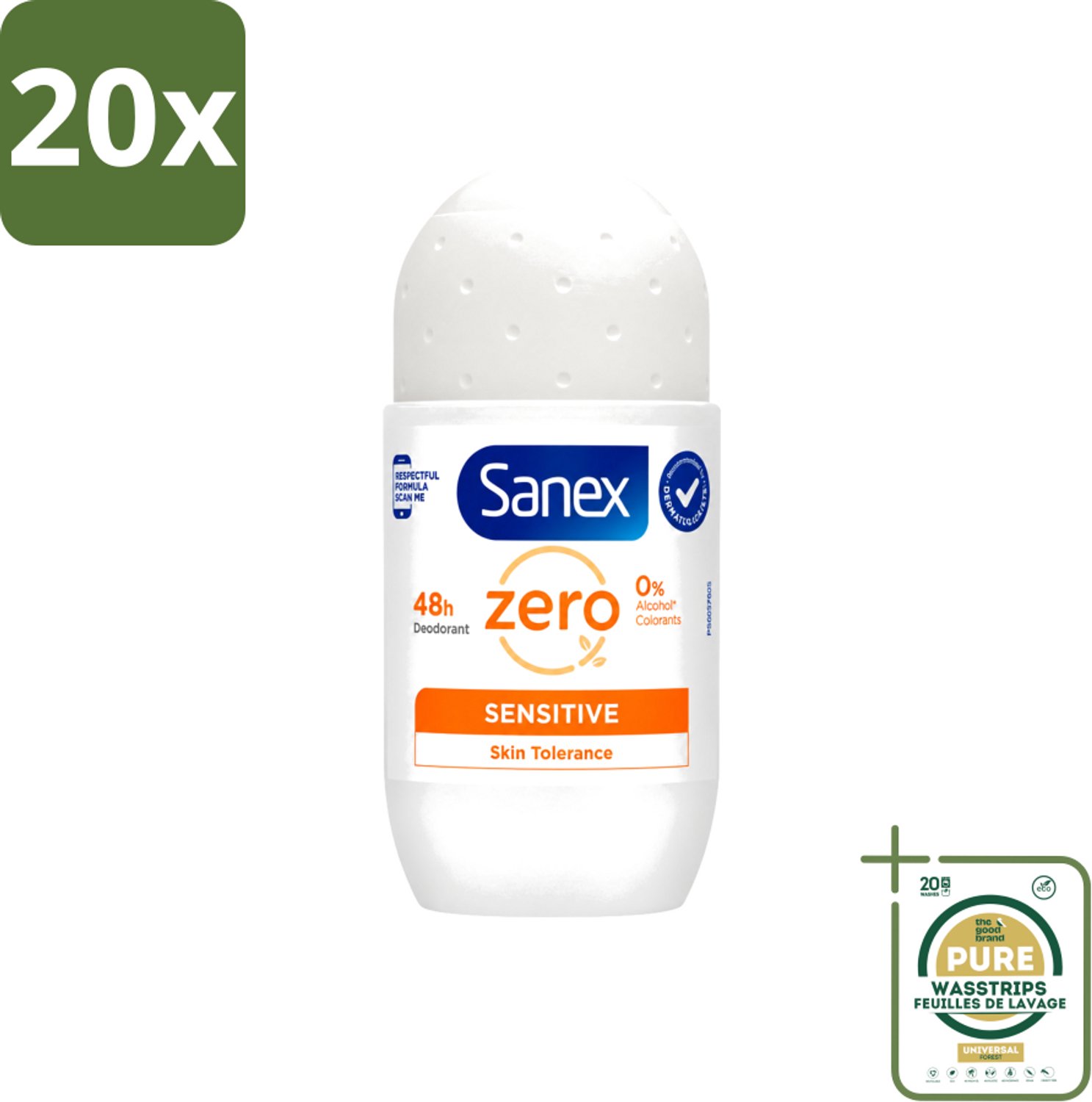 20 x Sanex - Deodorant - Roller - Zero% - Sensitive - Zonder Alcohol & Parabenen - 50 ml - Wasstrips - Sanex Deodorant Zero% Sensitive - Alcoholvrije Deodorant - Parabenenvrije Deodorant - Gevoelige Huid - Milde Deodorant