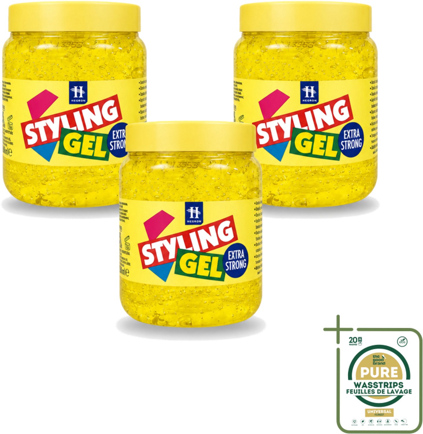 3 x Hegron - Styling Haargel - Extra Strong - Voor Sterke Fixatie - 500 ml - Wasstrips - Styling Gel - Haargel - Extra Strong - Haartype - Fixatie
