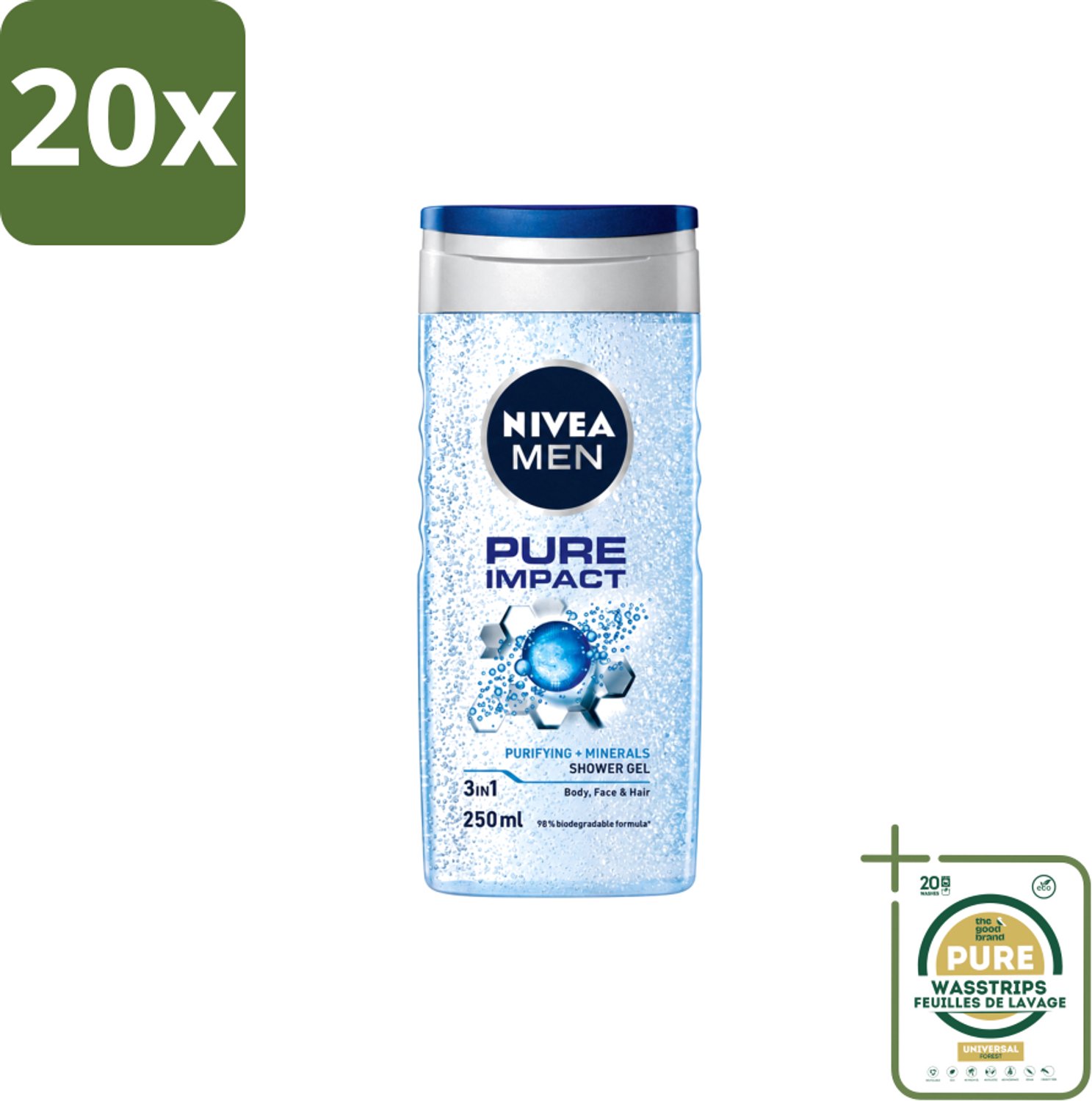 20 x Nivea Men – Douchegel – Pure Impact – 250 ml - Wasstrips - Douchegel - Zuiverende Douchegel - Reinigende Douchegel - Zweet Verwijderen - Vuil Verwijderen