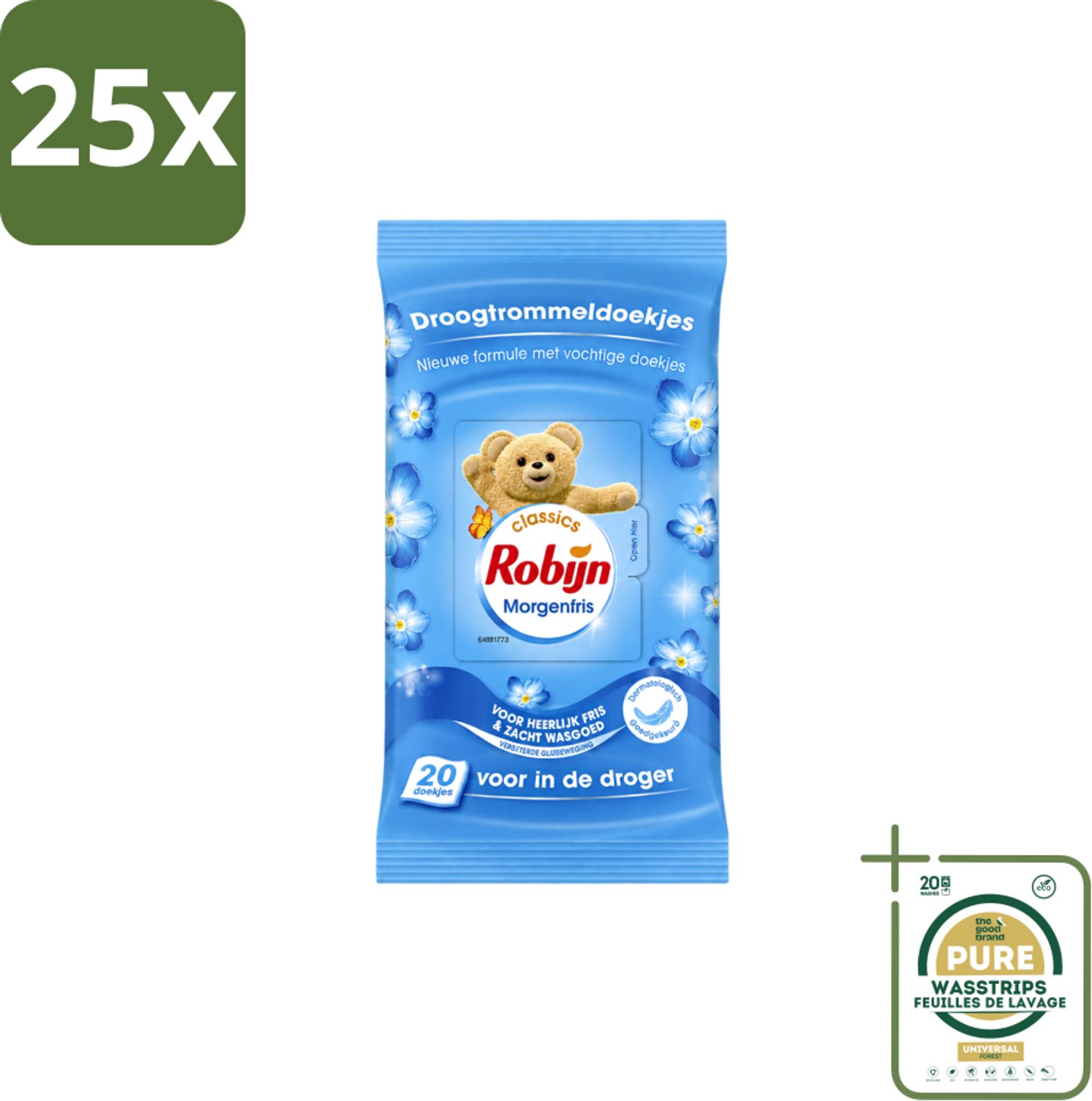 25 x Robijn – Droogtrommeldoekjes – Morgenfris - 20 Doekjes - Wasstrips - Droogtrommeldoekjes - Wasgoed Drogen - Frisheid Droger - Wasgoed Verzorgen - Kleding Beschermen