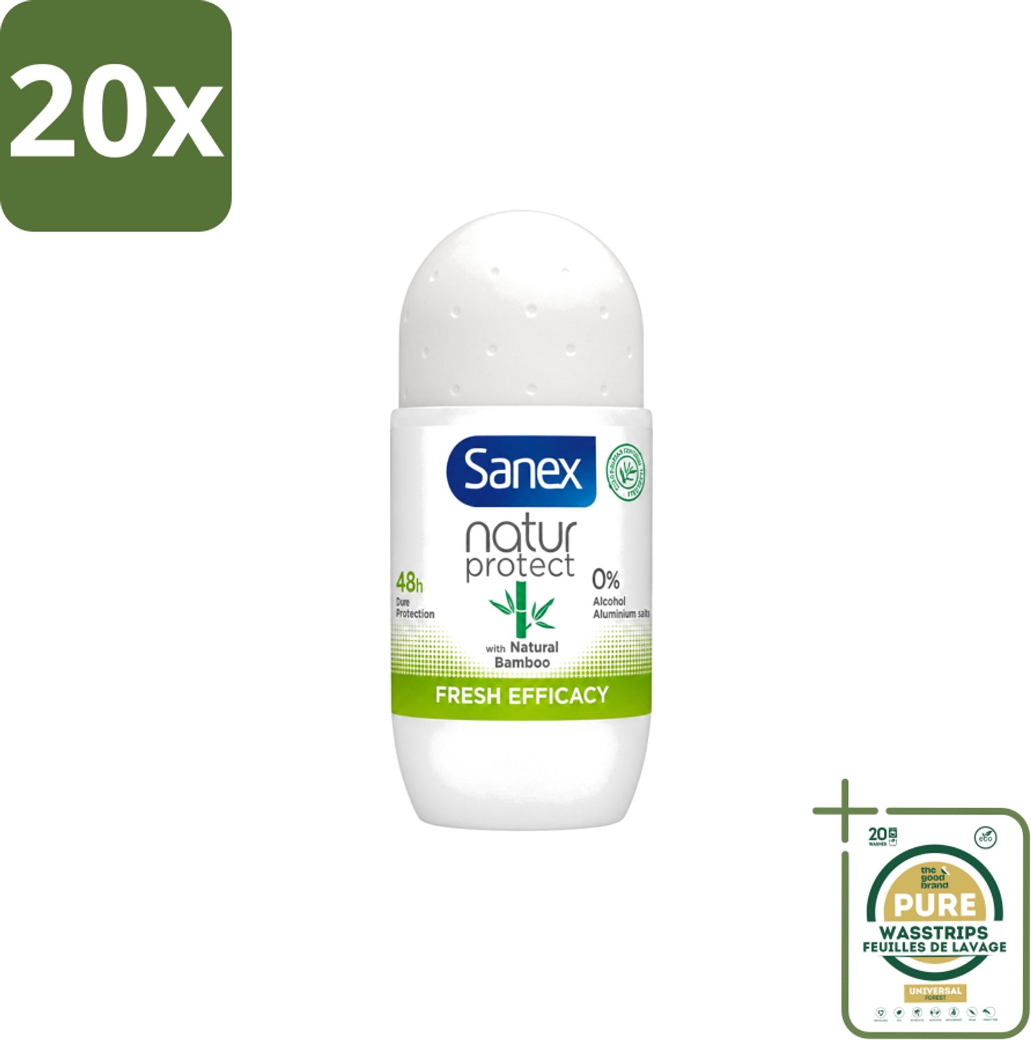 20 x Sanex – Deo Roll-on – Bamboo Fresh Efficacy – 50 ml - Wasstrips - Bamboo Deodorant - Natuurlijke Frisheid - Alcoholvrije Deodorant - Huidvriendelijke Deodorant - Transpiratiegeur