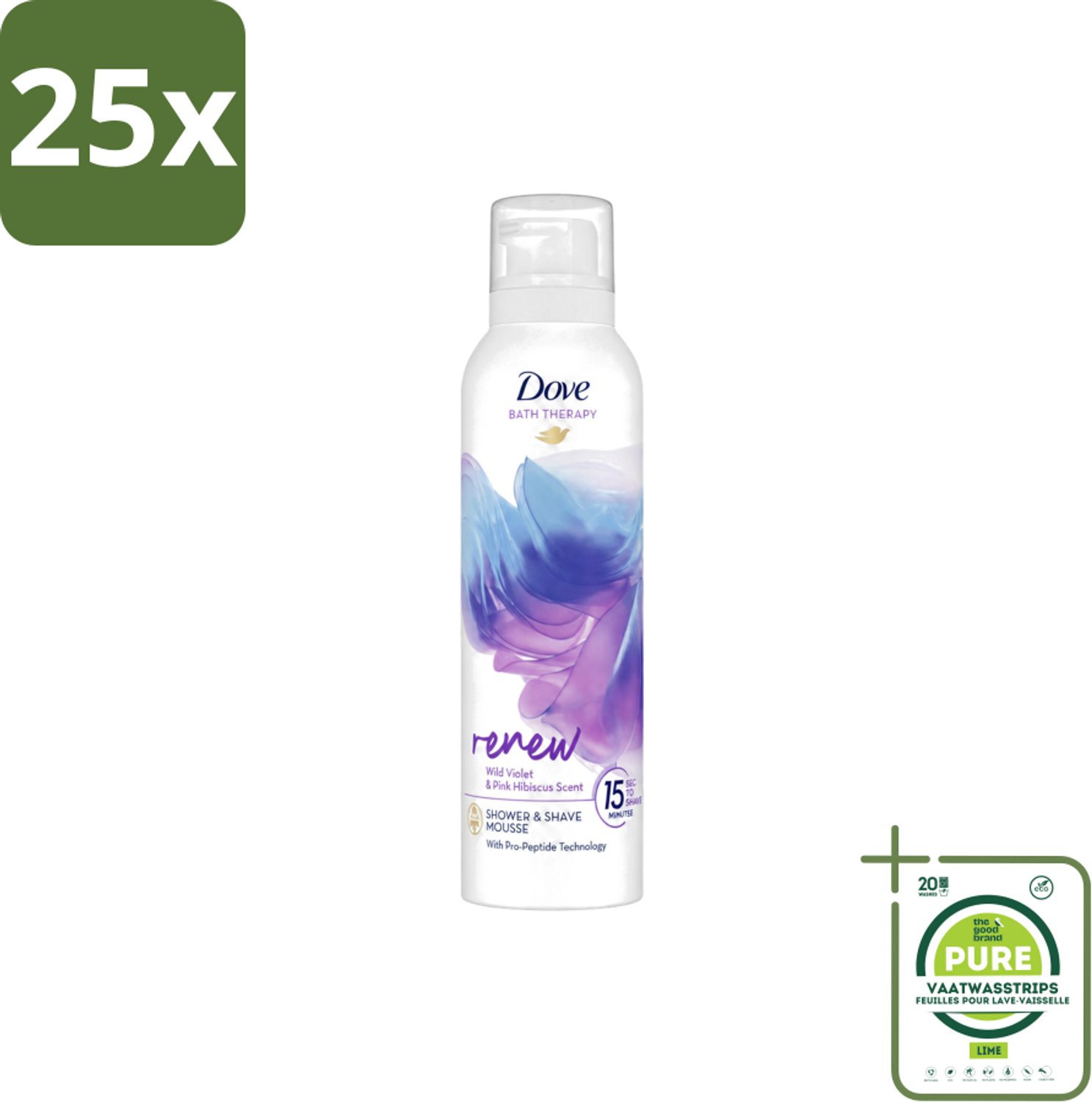 25 x Dove – Douche- & Scheerschuim – Bath Therapy Renew – 200 ml - Grootverpakking - Vaatwasstrips - Douche En Scheerschuim - Huidvernieuwing - Pro-peptide - Hydratatie - Luxe Douche