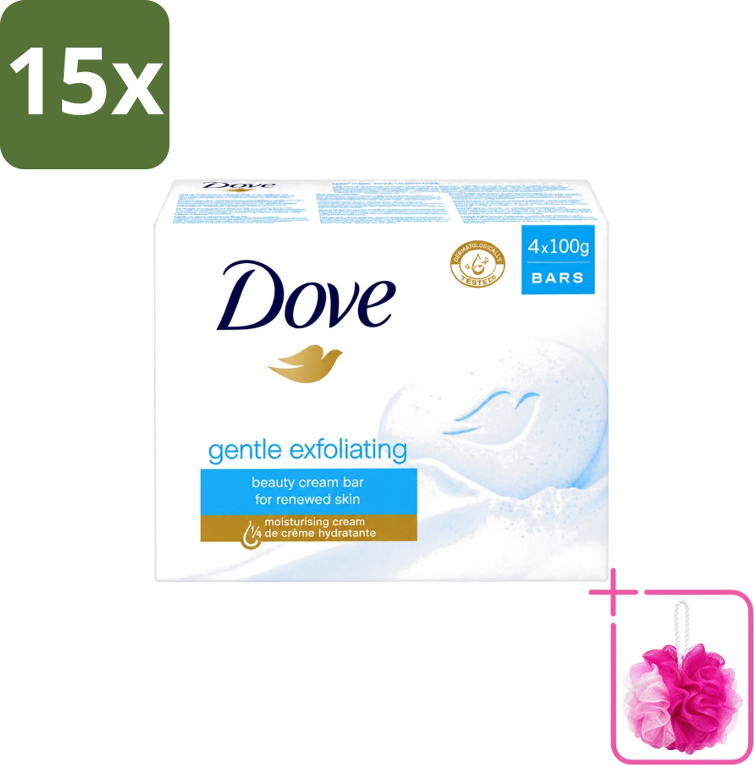 15 x Dove - Zeep - Gentle Exfoliating - Verfrissend - 4 x 100 g - Bulkverpakking - Dove Beauty Bar - Douchemop - Exfoliërende zeep