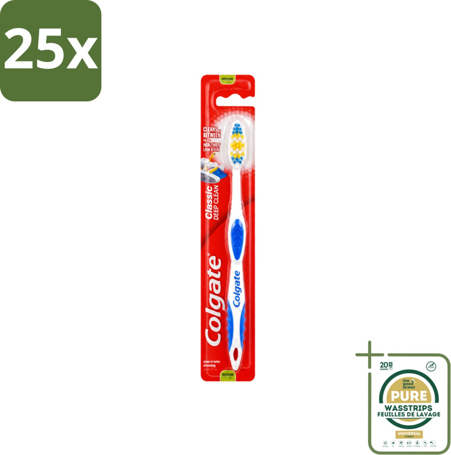 25 x Colgate - Tandenborstel - Classic Deep Clean Medium - 1 Tandenborstel - Wasstrips - Tandenborstel - Mondgezondheid - Tandenborstel Reiniging - Tandplak Verwijderen - Etensresten Verwijderen