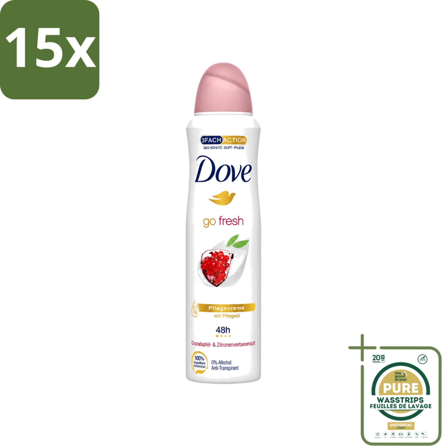 15 x Dove - Deodorant - Go Fresh Granaatappel - Frisse en fruitige geur - 150 ml - Wasstrips - Dove Go Fresh - Deodorant Spray - Anti-transpirant - Frisheid - Fruitige Geur