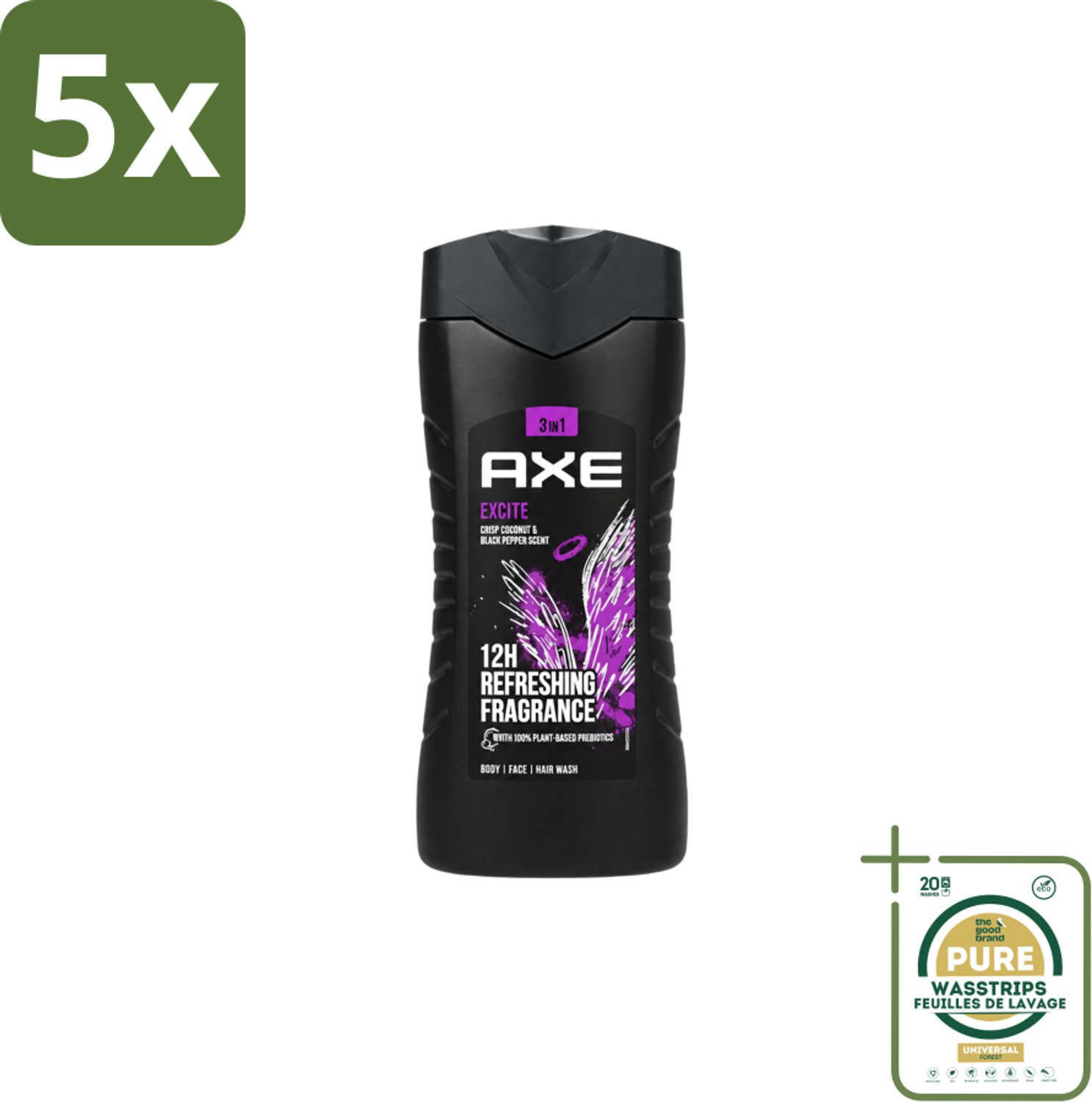 5 x Axe – Douchegel – Excite - 250 ml - Wasstrips - Douchegel - Douchegel Zwarte Peper Kokosnoot - Douchegel Voor Mannen - Douchegel Kruidige Geur - Douchegel Warm En Fris