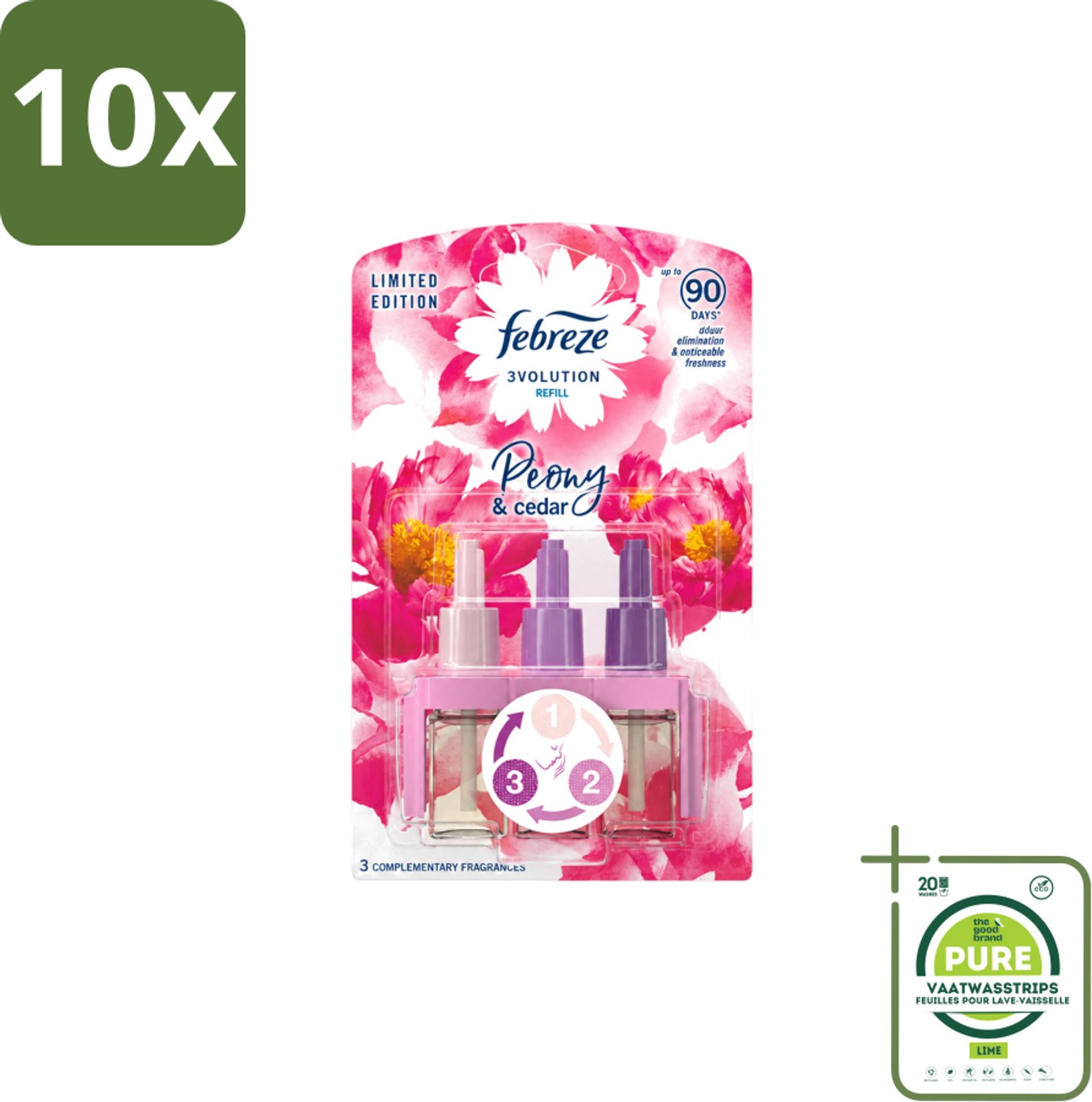 10 x Ambi Pur – Luchtverfrisser – 3Volution Peony & Cedar – Langdurig - Grootverpakking - Vaatwasstrips - Luchtverfrisser - Elektrische Luchtverfrisser - Geurrotatie - Geurverwijdering - Frisheid