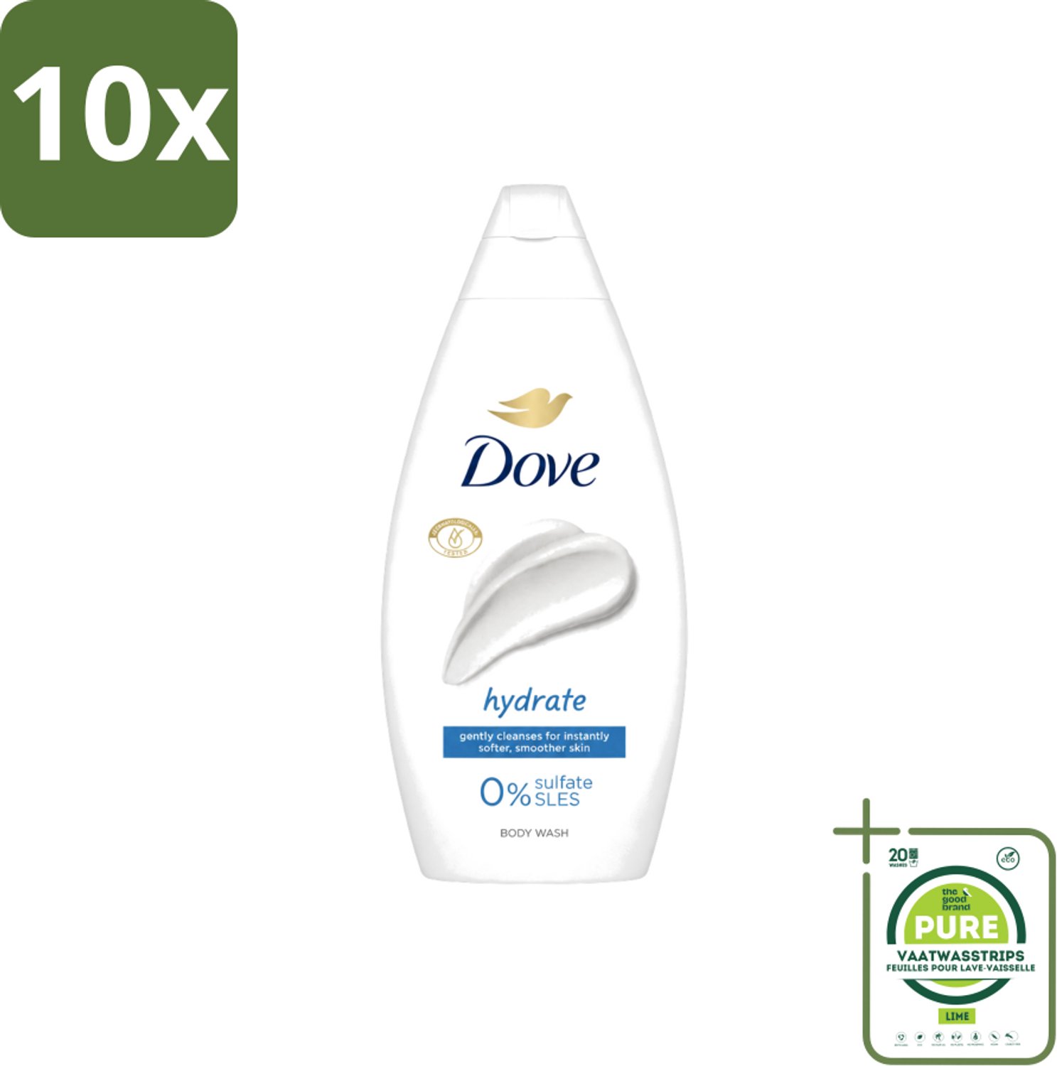 10 x Dove – Douchegel – Hydrate – 450 ml - Grootverpakking - Vaatwasstrips - Douchegel Hydrateren - Zachte Huid - Huid Verzorgen - Mild Reinigen - Droge Huid