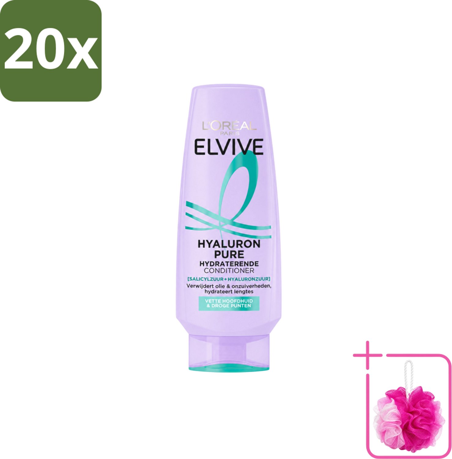 20 x L’Oréal Paris Elvive – Conditioner – Hyaluron Pure – Vette Hoofdhuid & Droge Punten – 200 ml - Bulkverpakking - Hydraat - Douchemop - Zuiveren