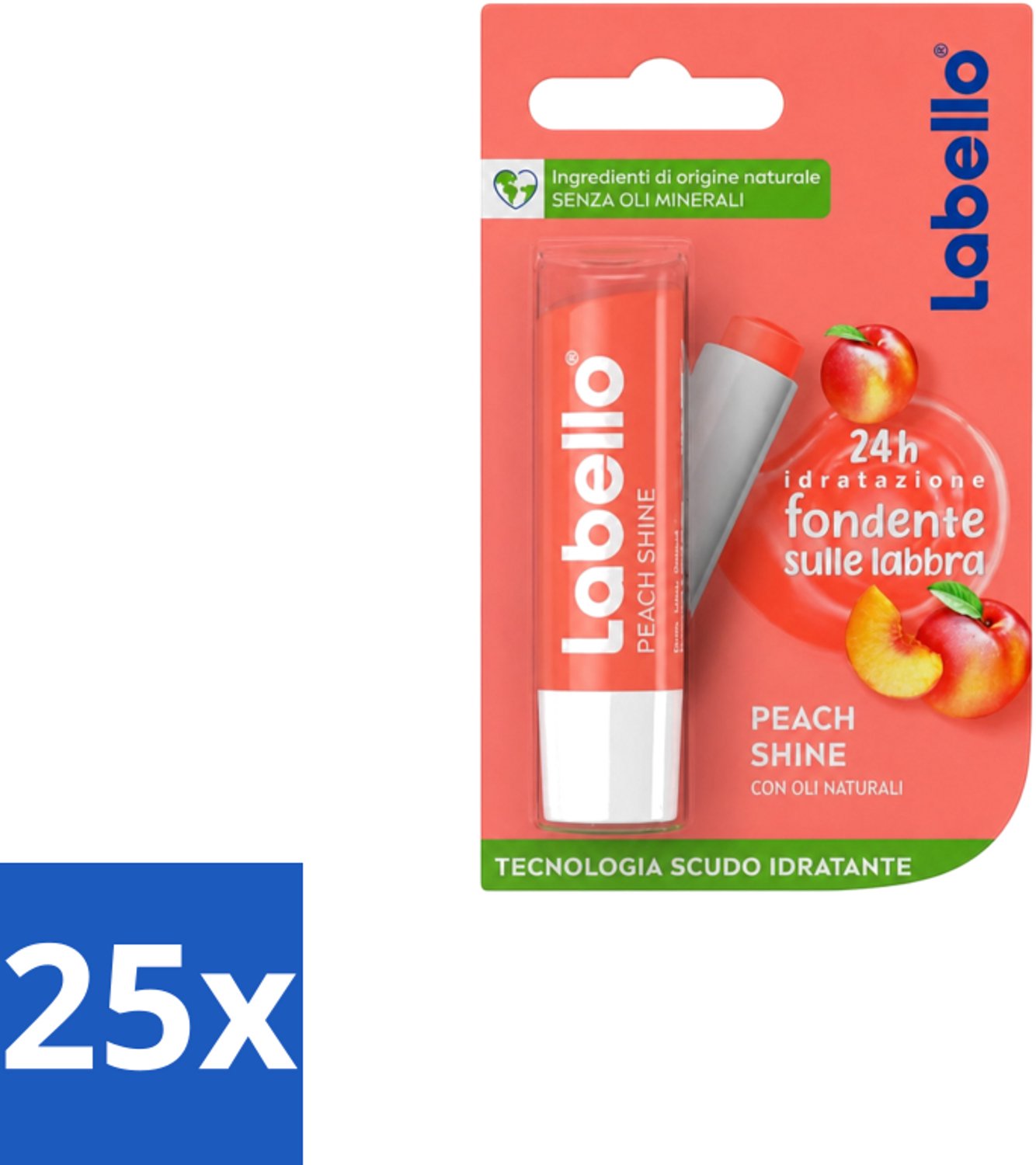 25 x Labello – Lippenbalsem – Fruity Peach Shine – Vegan - Voordeelverpakking - 25 stuks