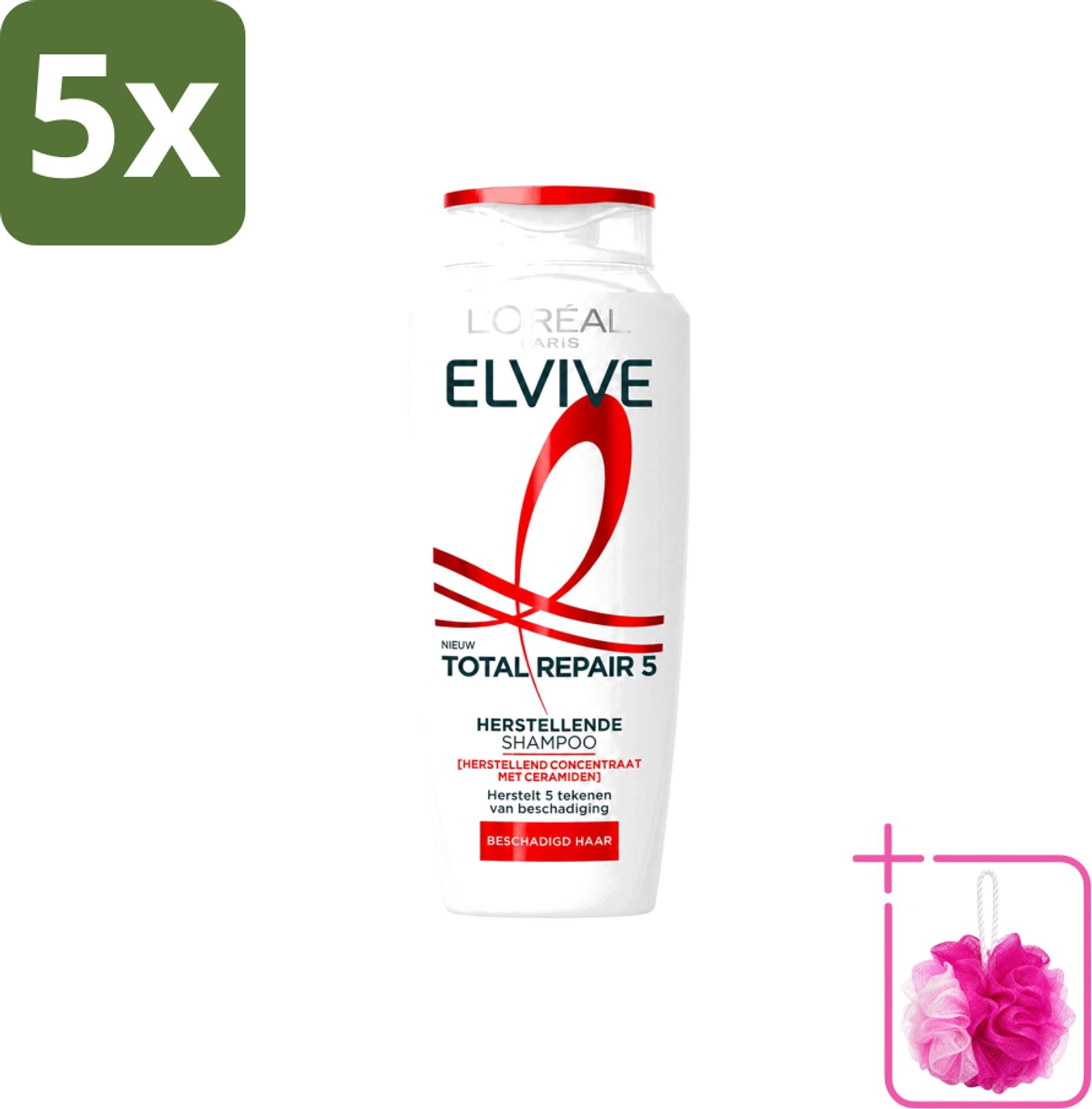 5 x L’Oréal Paris Elvive – Shampoo – Total Repair 5 – Herstellend – 250 ml - Bulkverpakking - Beschadigd haar - Douchemop - Droog haar
