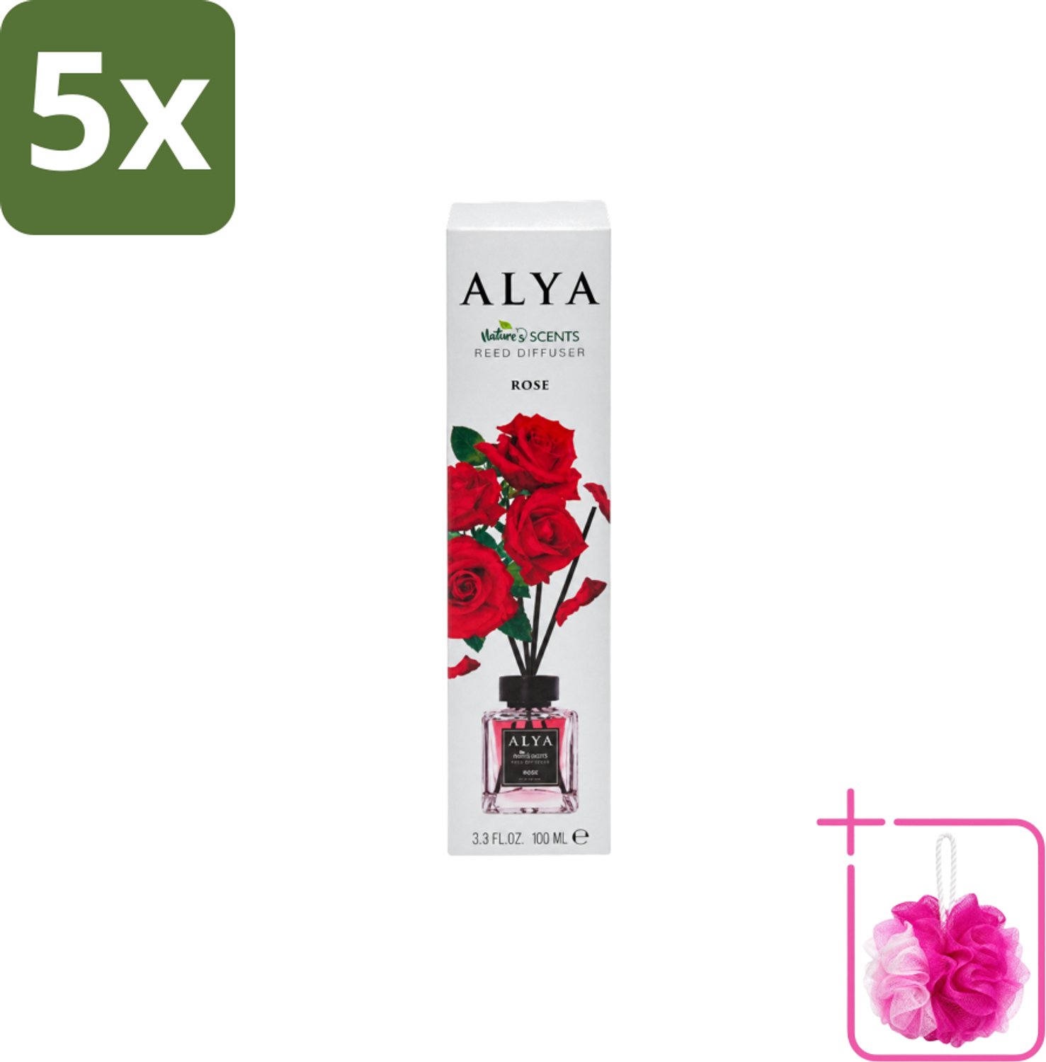 5 x Alya – Geurdiffuser – Rose – Interieurparfum - Bulkverpakking - Geurstokjes - Douchemop - Geur