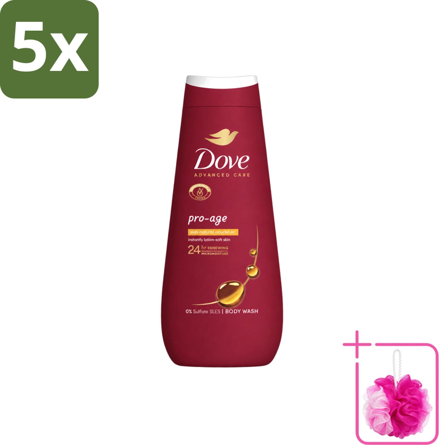 5 x Dove – Douchegel – Pro Age Body Wash – 400 ml - Bulkverpakking - Douchegel voor rijpere huid - Douchemop - Huidverzorging