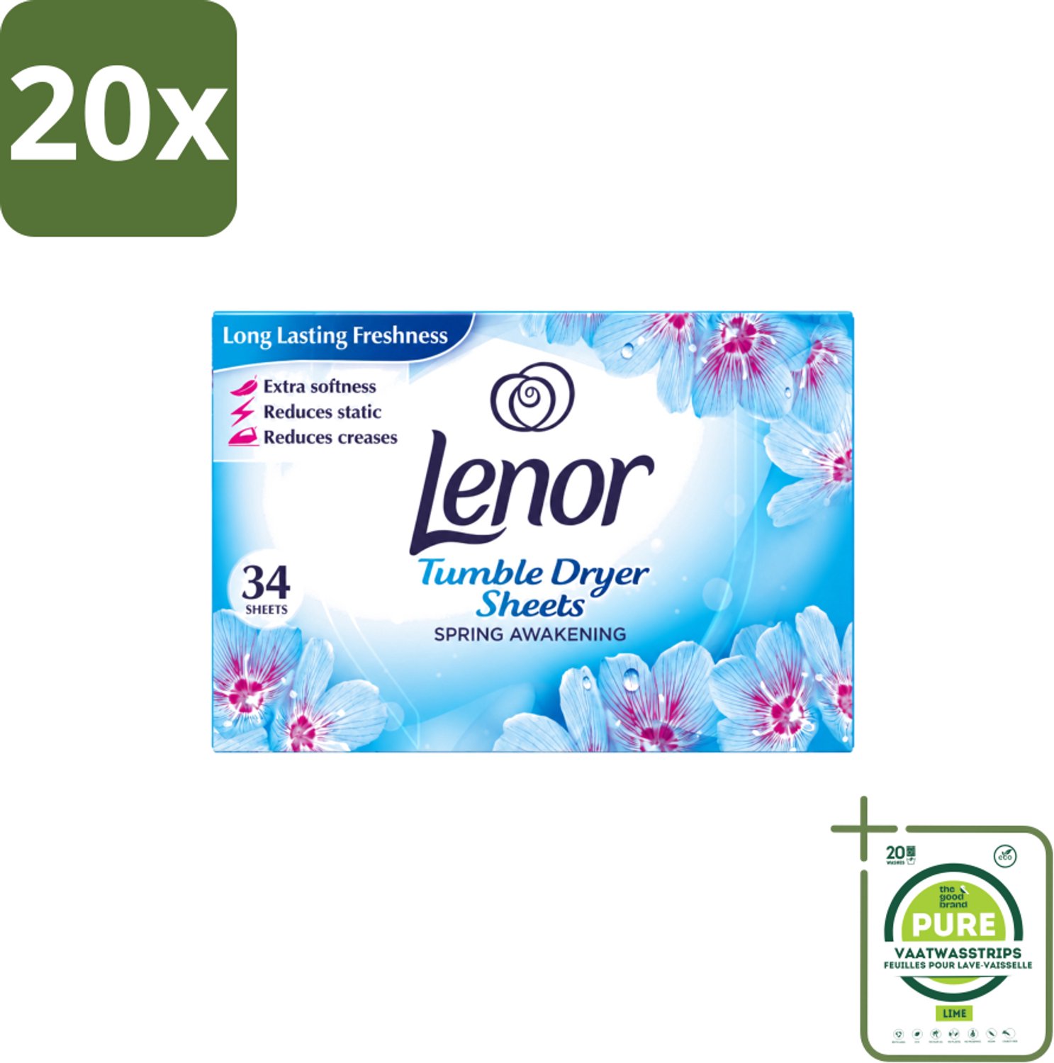 20 x Lenor - Droogtrommeldoekjes - Spring Awakening - 34 Doekjes - Grootverpakking - Vaatwasstrips - Droogtrommeldoekjes - Voorjaar Geur - Droogtrommel Geur - Kleding Fris - Statische Elektriciteit