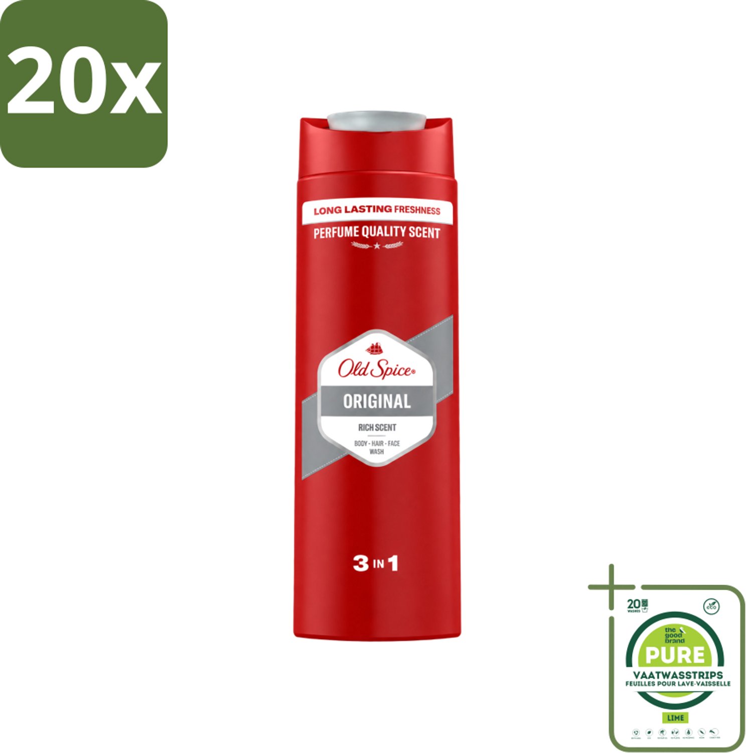 20 x Old Spice - Original - Douchegel 3-in-1 - Reinigt, Verfrist & Verzorgt - 400 ml - Grootverpakking - Vaatwasstrips - Douchegel - Reinigen - Verfrissen - Verzorgen - Lichaam