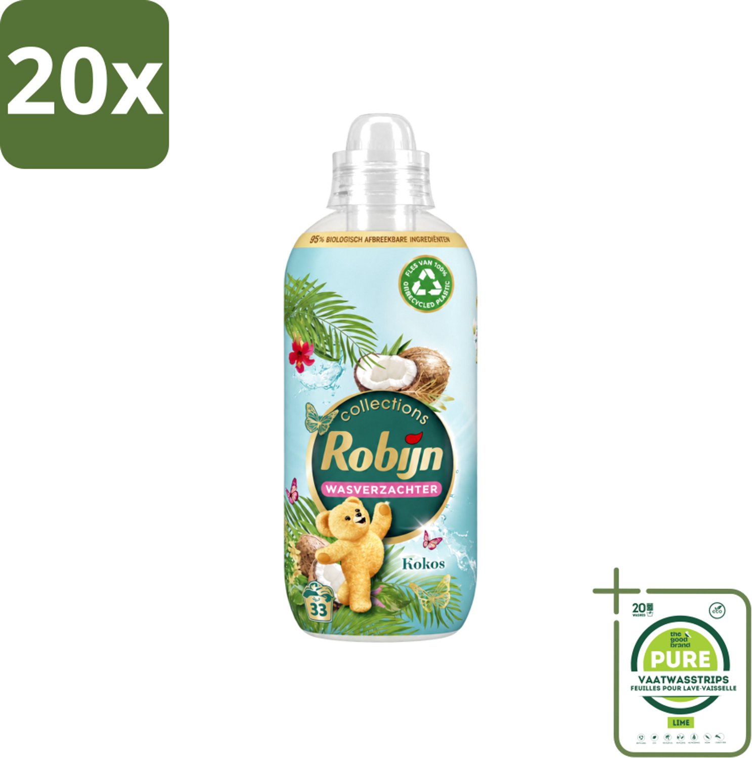 20 x Robijn - Kokos Sensation - Wasverzachter - Tropische Geur - 33 Wasbeurten - 825 ml - Grootverpakking - Vaatwasstrips - Wasverzachter - Kokosgeur - Wasroutine - Zachte Kleding - Tropisch Geur