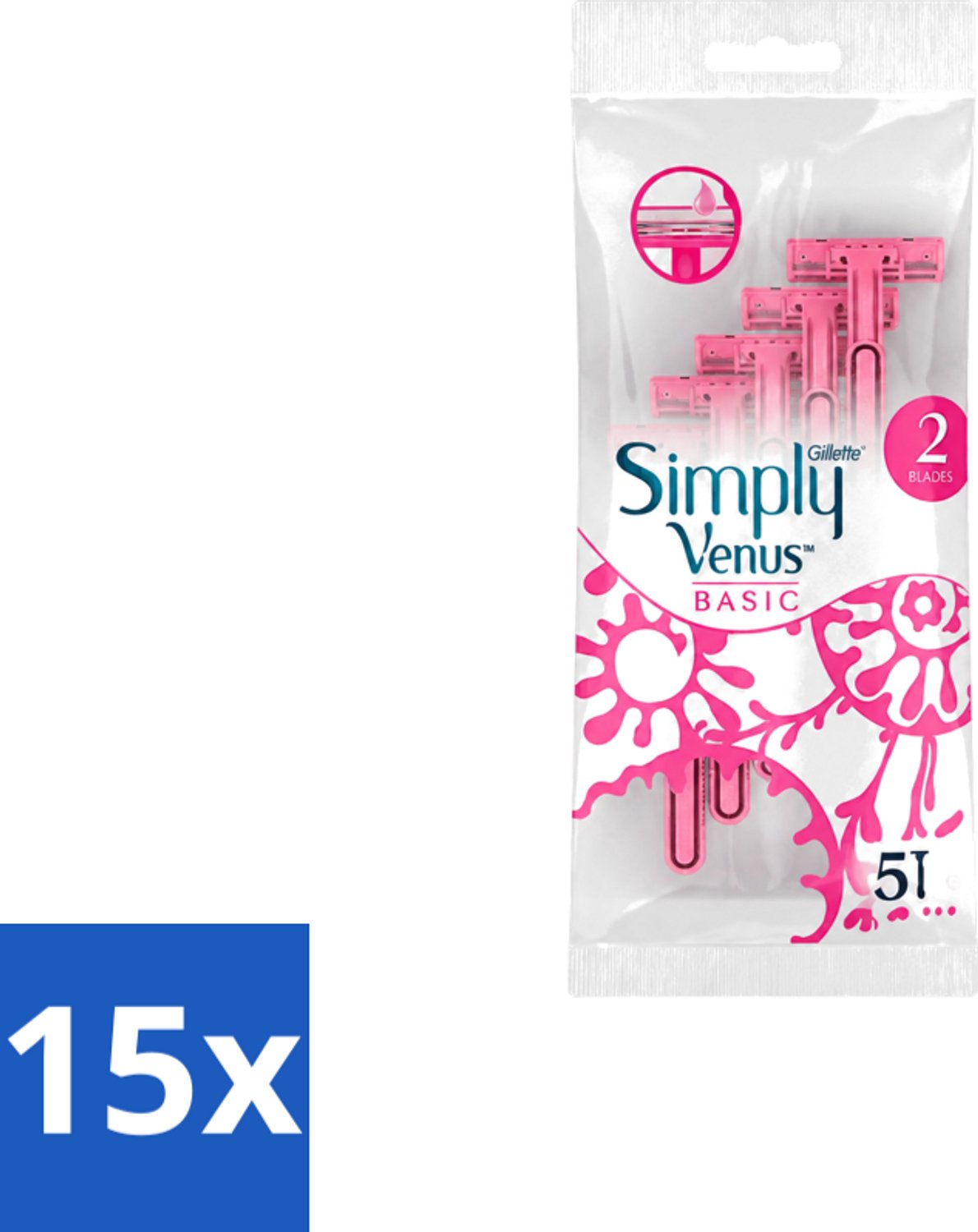 15 x Gillette Simply Venus – Wegwerpscheermesjes – Basic – 5 mesjes - Voordeelverpakking - 15 stuks