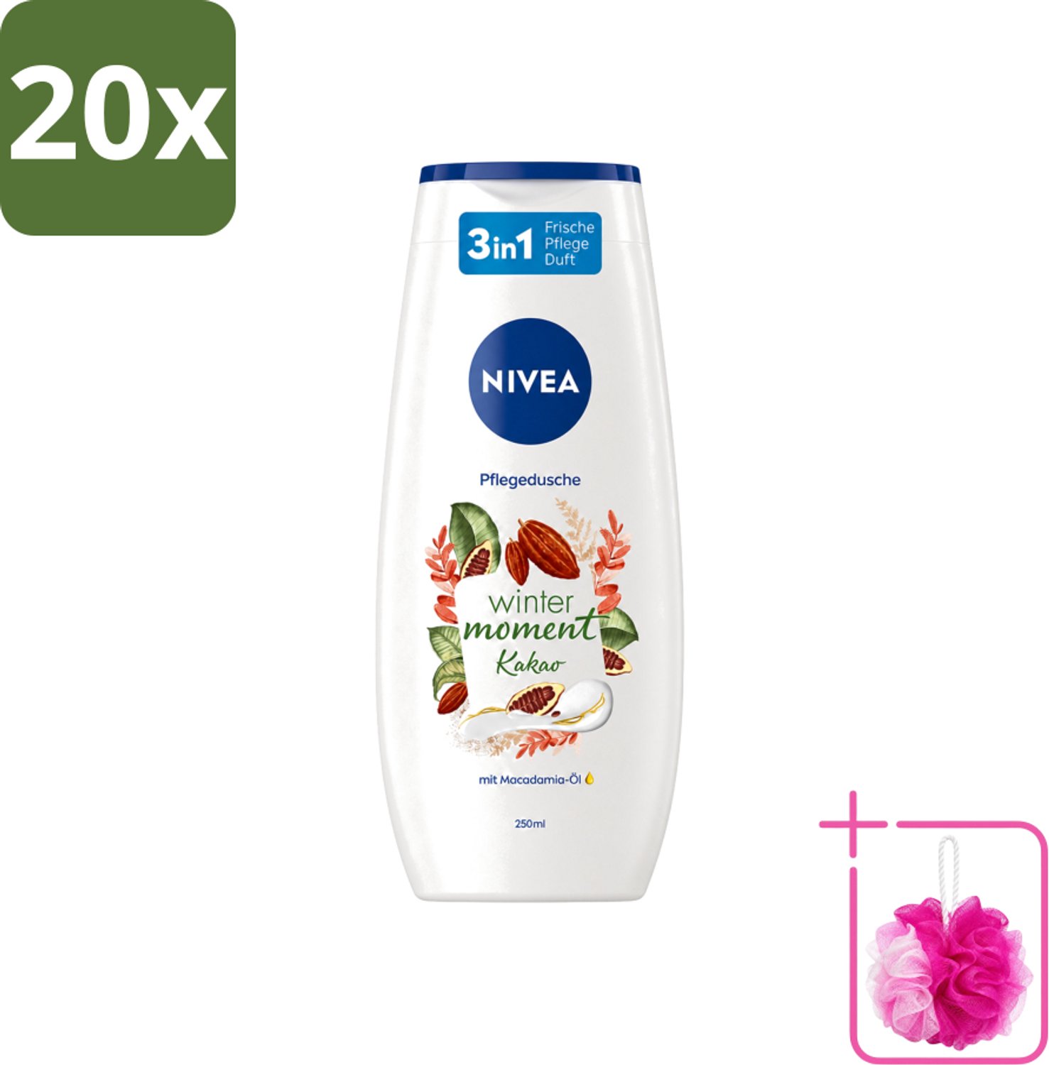 20 x Nivea - Douchegel - Winter Moment Cacao - 250 ml - Bulkverpakking - Douchegel winter - Douchemop - Verzorgende douchegel