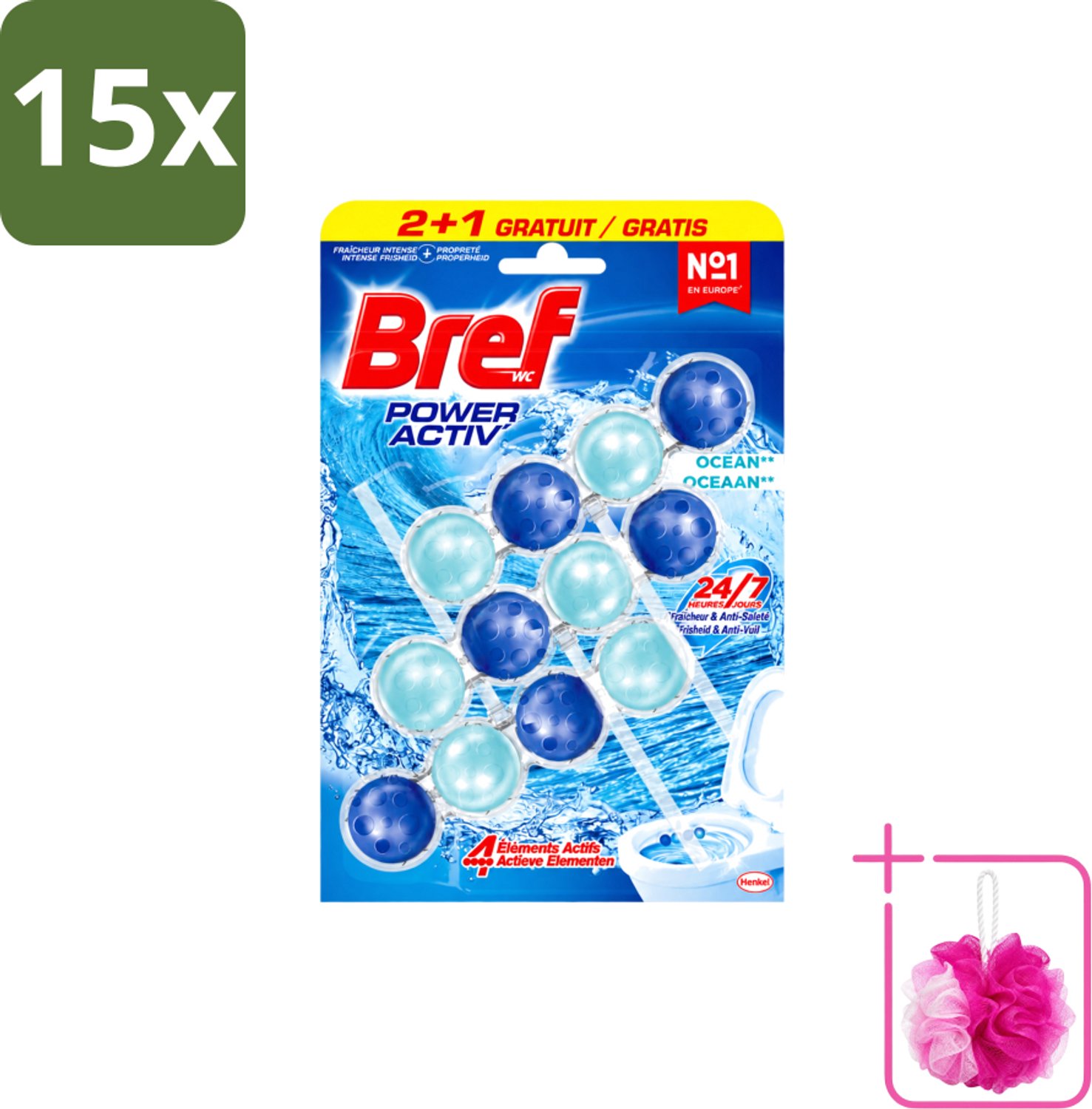 15 x Bref – Toiletblok – Power Aktiv Ocean – Multipack - Bulkverpakking - Toiletblok multipack - Douchemop - Anti-kalk toiletblok