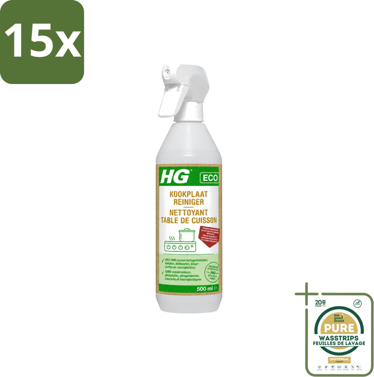 15 x HG ECO - Kookplaatreiniger - Verwijdert Gemakkelijk & Snel - Duurzaam & Ecologisch - 500 ml - Wasstrips - Kookplaat Reinigen - Eco Kookplaatreiniger - Vet Verwijderen - Kalkaanslag Verwijderen - Kookvocht Verwijderen