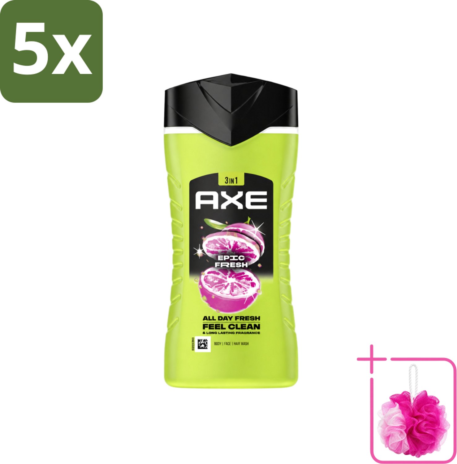 5 x Axe - 3-in-1 Douchegel - Epic Fresh - Grapefruit & Tropical Pineapple - Fresh Boost - 250 ml - Bulkverpakking - Douchegel - Douchemop - Frisheid