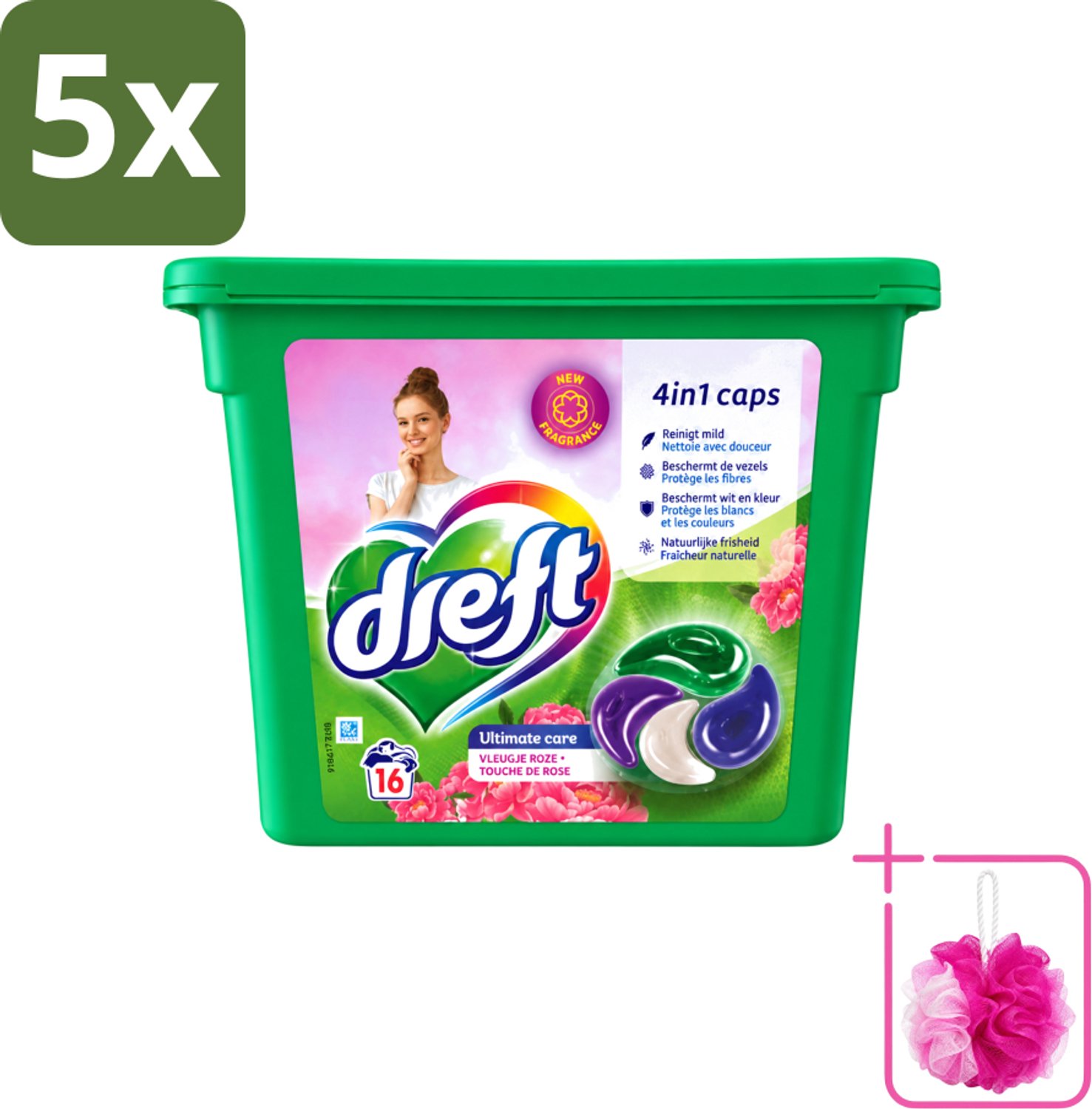 5 x Dreft - Wasmiddelcapsules 4in1 - Witte en Gekleurde Was - Vleugje Roze - 16 Wasbeurten - Bulkverpakking - Wasmiddelcapsules - Douchemop - Was