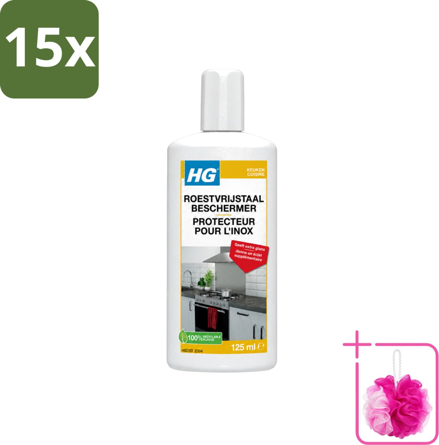 15 x HG - Roestvrijstaal Beschermer - Geeft Extra Glans - 125 ml - Bulkverpakking - Roestvrijstaal reiniger - Douchemop - Roestvrijstaal beschermer