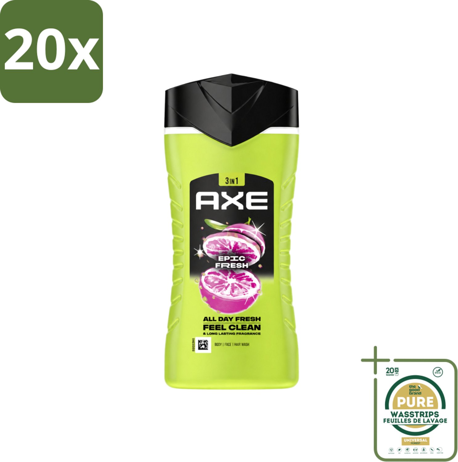20 x Axe - 3-in-1 Douchegel - Epic Fresh - Grapefruit & Tropical Pineapple - Fresh Boost - 250 ml - Wasstrips - Douchegel - Frisheid - Geur - Lichaam - Gezicht