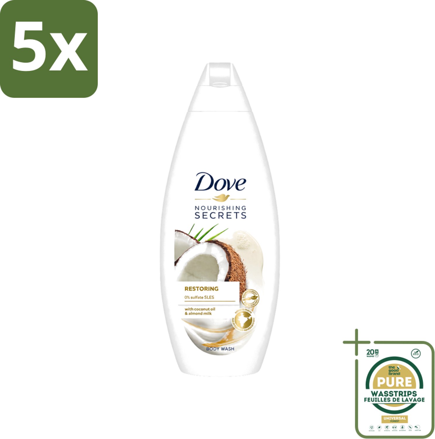 5 x Dove Nourishing Secrets - Douchegel - Kokosolie & Amandel melk - Sulfaatvrij - 250 ml - Wasstrips - Douchegel - Kokosolie - Amandelmelk - Natuurlijke Verzorging - Sulfaatvrije Douchegel