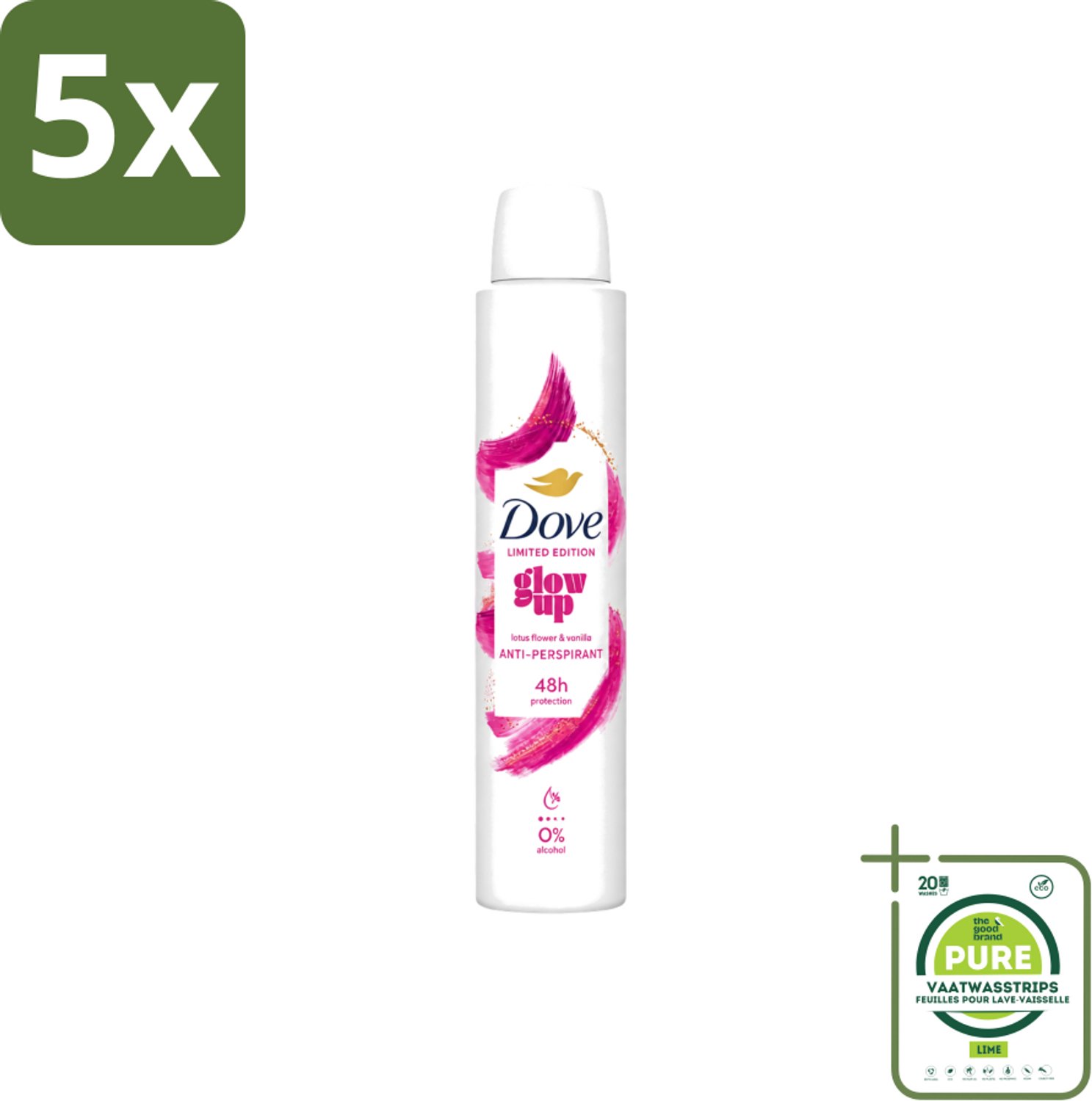 5 x Dove – Deodorant Spray – Glow Up – 200 ml - Grootverpakking - Vaatwasstrips - Anti-transpirant Spray - Zweetvermindering - Geurbescherming - Fris Geur - Bloemige Geur