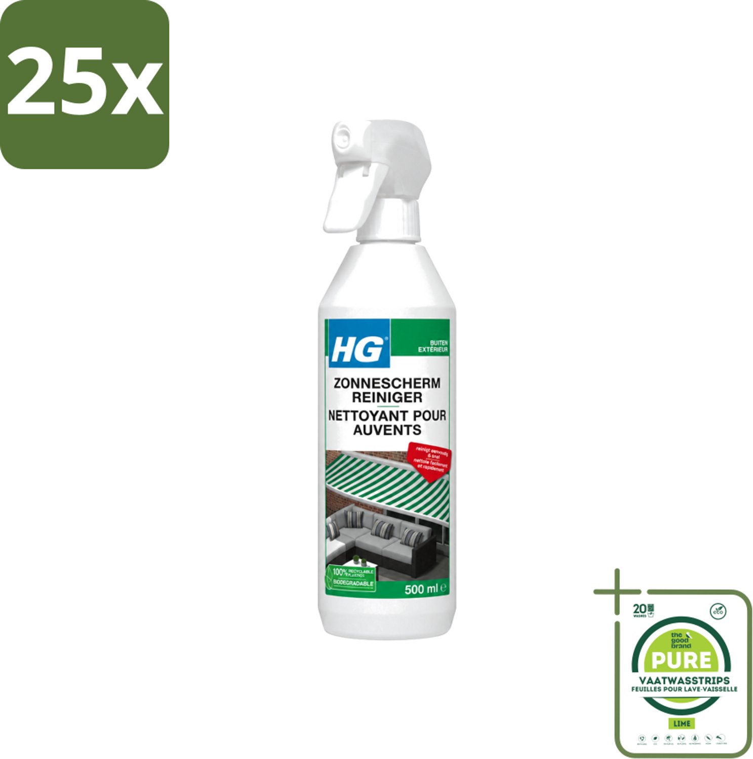 25 x HG - Buiten - Zonneschermreiniger - Reinigt Eenvoudig & Snel - 500 ml - Grootverpakking - Vaatwasstrips - Zonnescherm Reinigen - Buitenstoffen Reinigen - Zonnescherm Reiniger - Zonnescherm Reinigen Snel - Zonnescherm Reinigen Eenvoudig