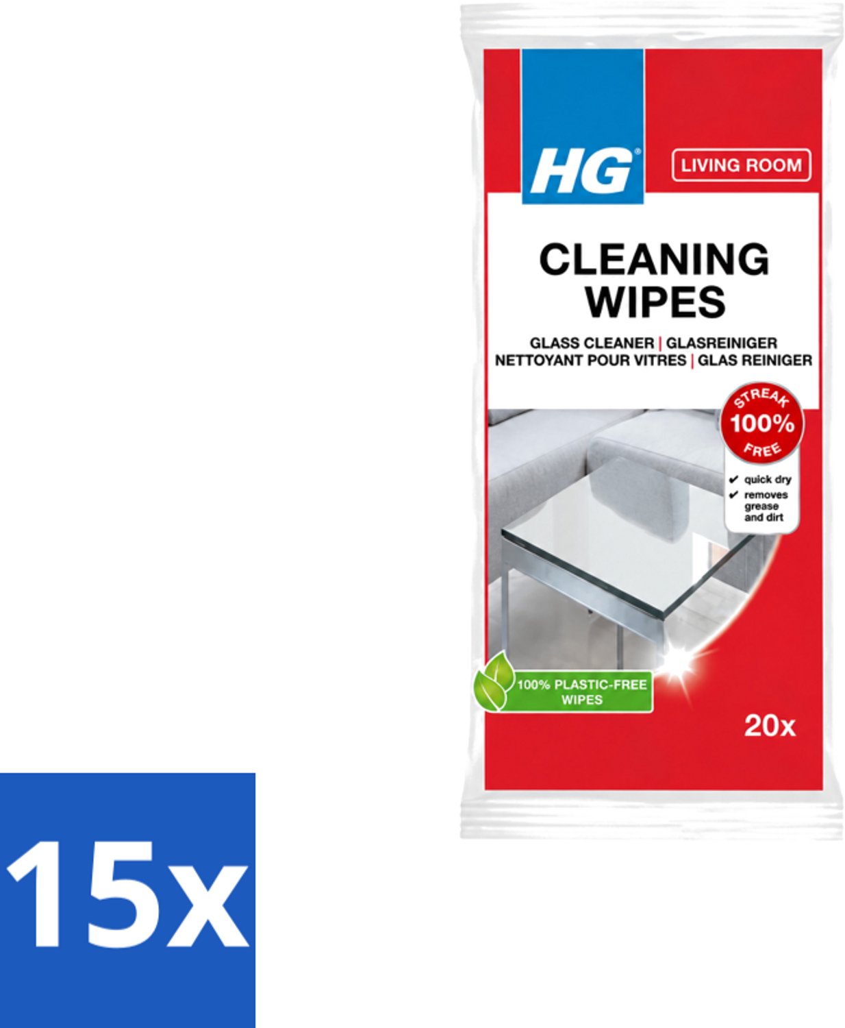 15 x HG - Woonkamer - Glasreinigingsdoekjes - Reinigt Streeploos - 20 Doekjes - Voordeelverpakking - 15 stuks