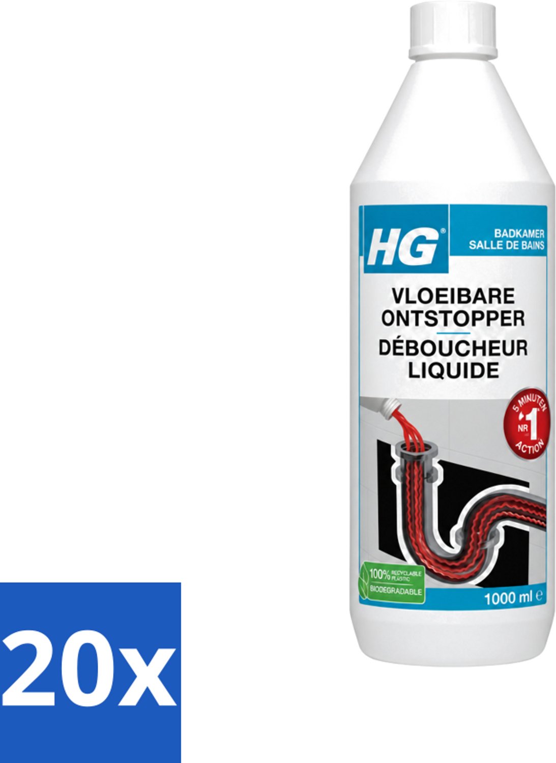 20 x HG - Vloeibare Ontstopper - Gebruiksklaar - Bruist & Spat Niet - Resultaat In 5 Minuten - 1L - Voordeelverpakking - 20 stuks