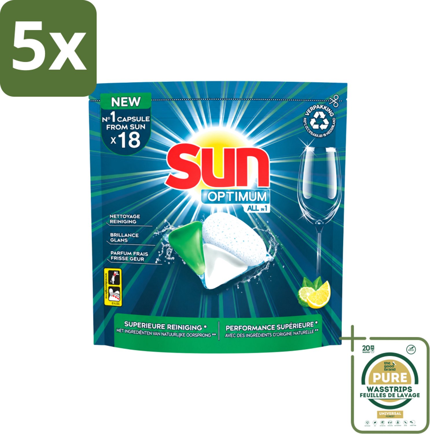 5 x Sun Optimum - All-in-1 - Vaatwasmiddel - Capsules - Citroen - 18 Capsules - Wasstrips - Vaatwasmiddel - Vaatwascapsules - Citroen - Reiniging - Spoelglans