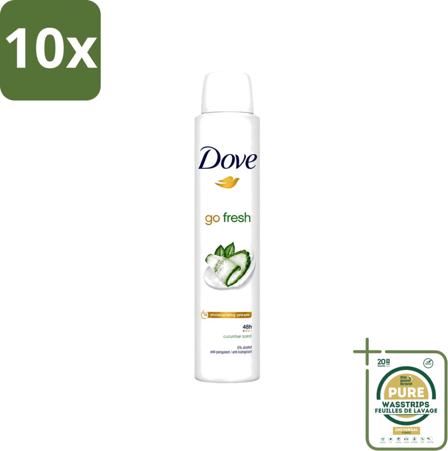 10 x Dove Go Fresh - Deospray - Groene Thee & Komkommer - 200 ml - Wasstrips - Dove Go Fresh Deospray Groene Thee & Komkommer - Frisheid - Transpiratie Bescherming - Geur - Oksel Crème