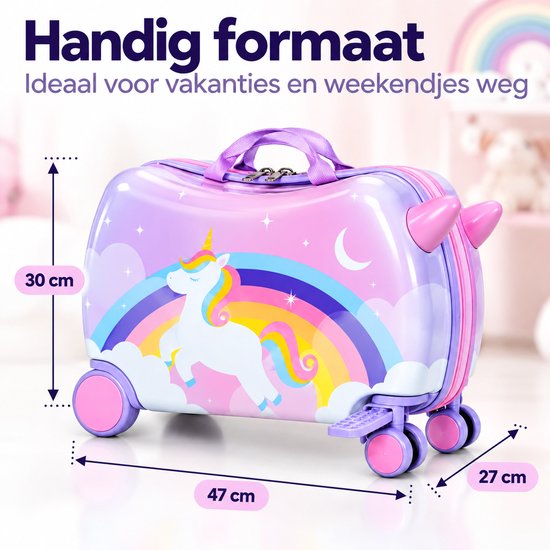 Reiskoffer met eenhoornthema, 47x30x27 cm, met ride-on functie en paarse wielen.