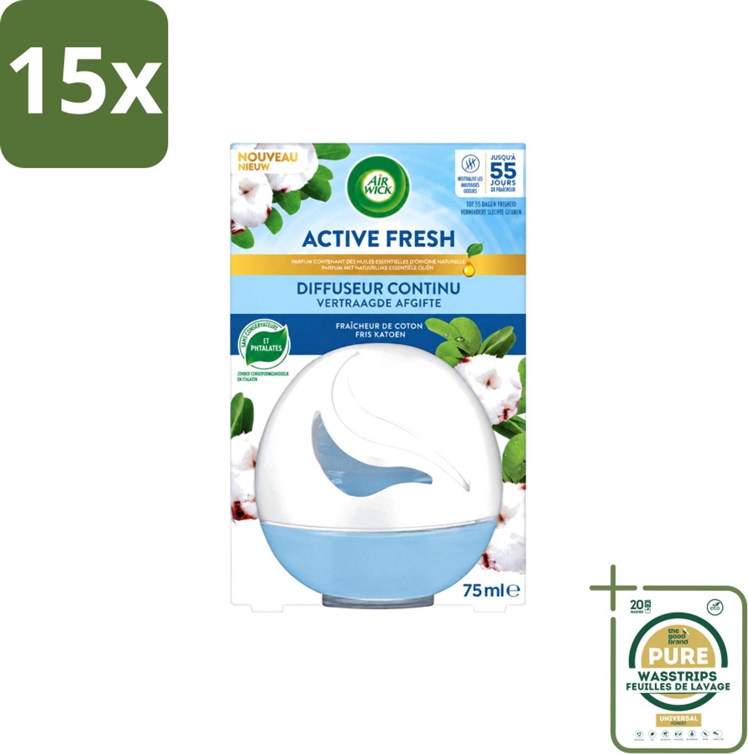 15 x Air Wick – Luchtverfrisser – Deco Sphere Katoen – 75 ml - Wasstrips - Luchtverfrisser - Katoen Geur - Frisse Geur - Geur Neutraliseren - Geur In Badkamer