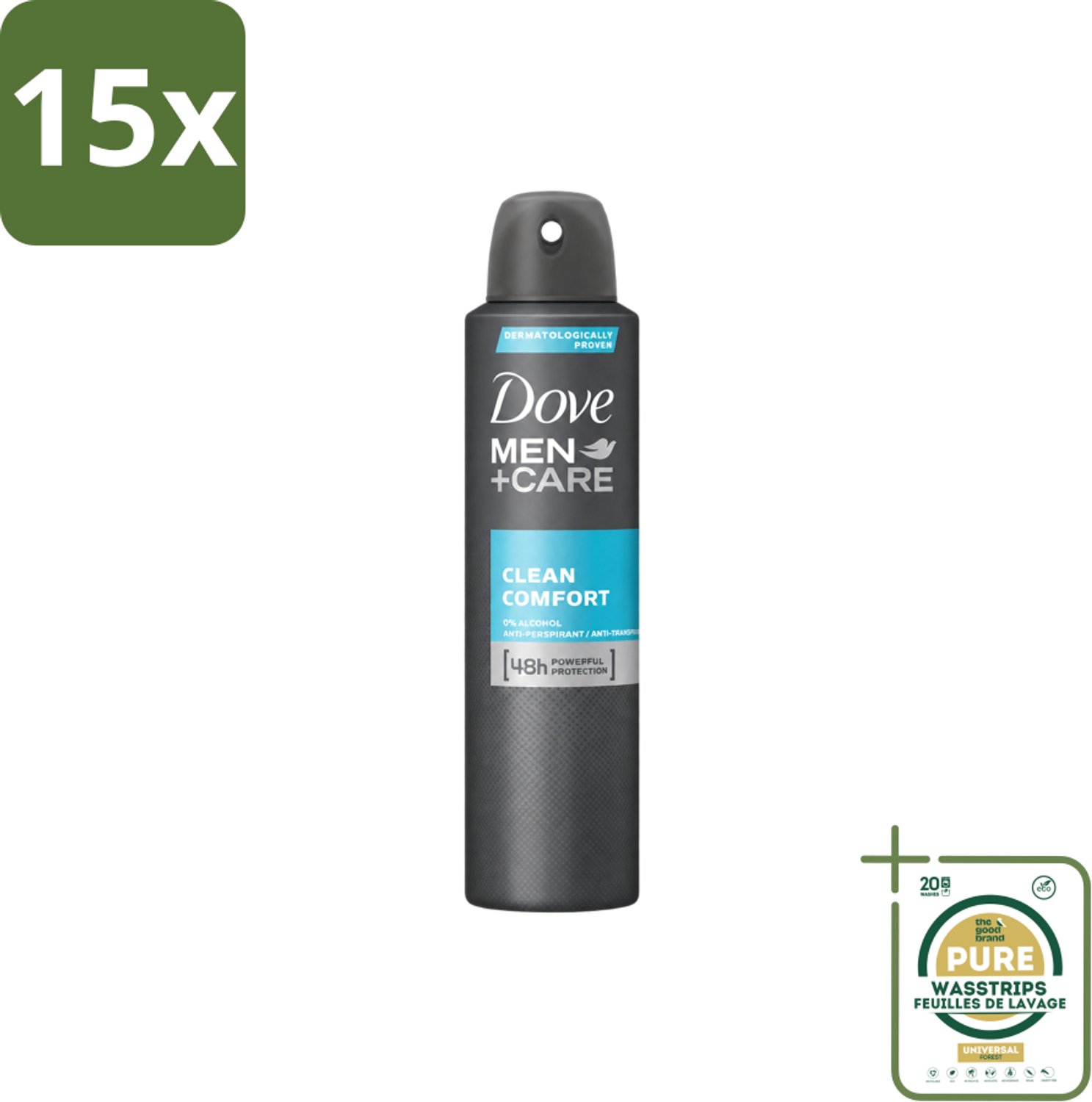 15 x Dove Men+Care – Deodorant Spray – Clean Comfort – 200 ml - Wasstrips - Anti-transpirant Spray - Okselgeur - Frisse Geur - Schone Geur - Okselverzorging